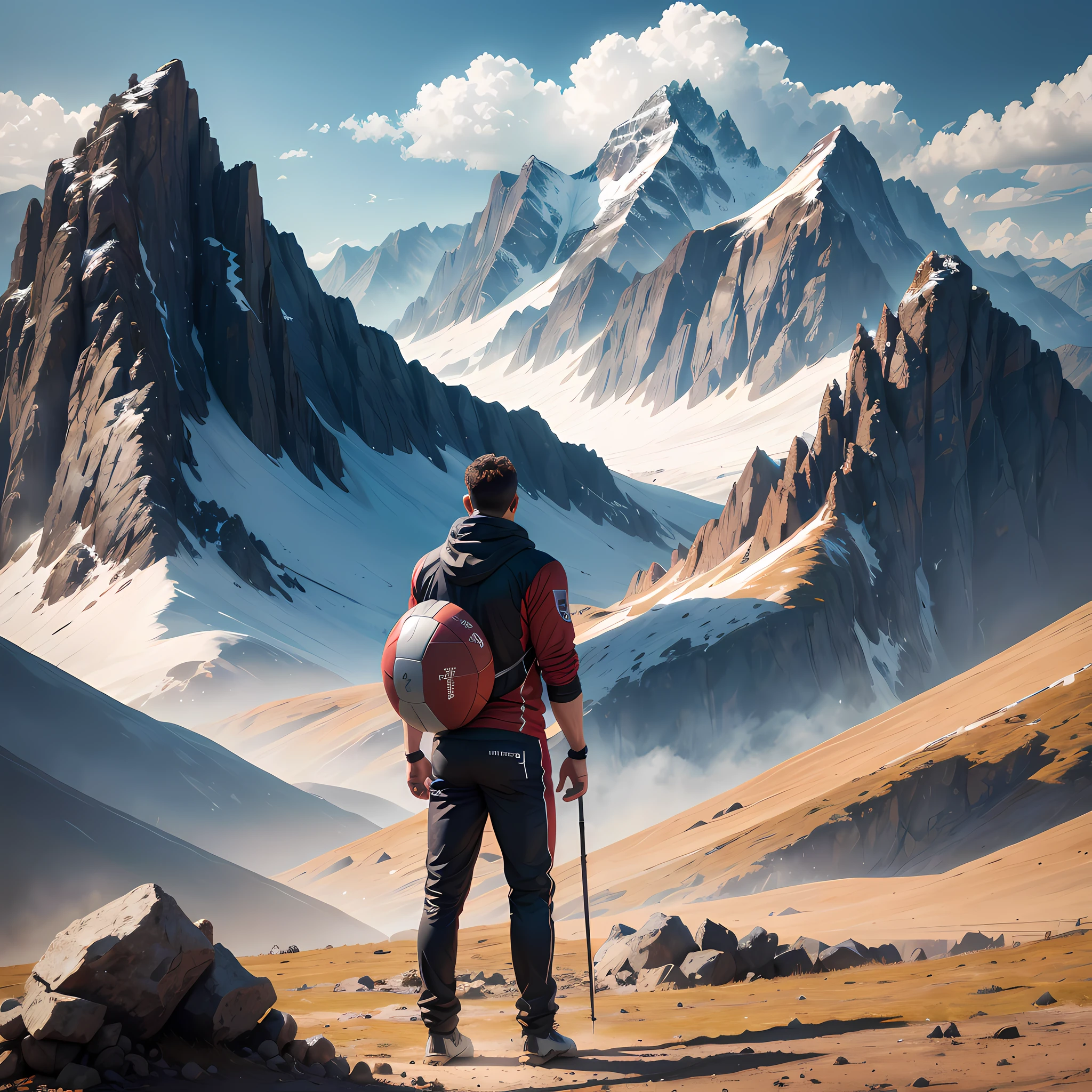 there is a man with a backpack and a backpack standing on a mountain, a wanderer on a mountain, inspired by jessica rossier, by jessica rossier, adventure hyper realistic render, jessica rossier fantasy art, jessica rossier color scheme, epic mountains in the background, cg artist, best on adobe stock, looking at the mountains