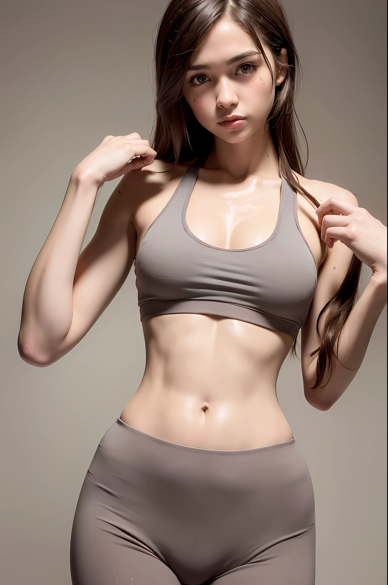 (solo), (a detailed full body RAW photo of a girl), (masterpiece:1.0), (best quality:1.4), (ultra highres:1.2), (photorealistic:1.4), 8k resolution, Canon EOS R5, 50mm, absurdres, ultra detailed, (18yo), sharp focus, cinematic lighting, detailed beautiful face, (makeup:1.2), (ulzzang-6500-v1.1), petite figure, detailed skin texture, pale skin, flat , (skinny and fit body:1.3), thigh gap, detailed brown hair, (very messy hair:1.5), (Avril Lavigne:0.7), smiling, (sports bra, sports leggings:1.4), realistic glistening skin, (bedroom:1), (:1.3), (sweating:1.45), slim waist, seductive smile, solo