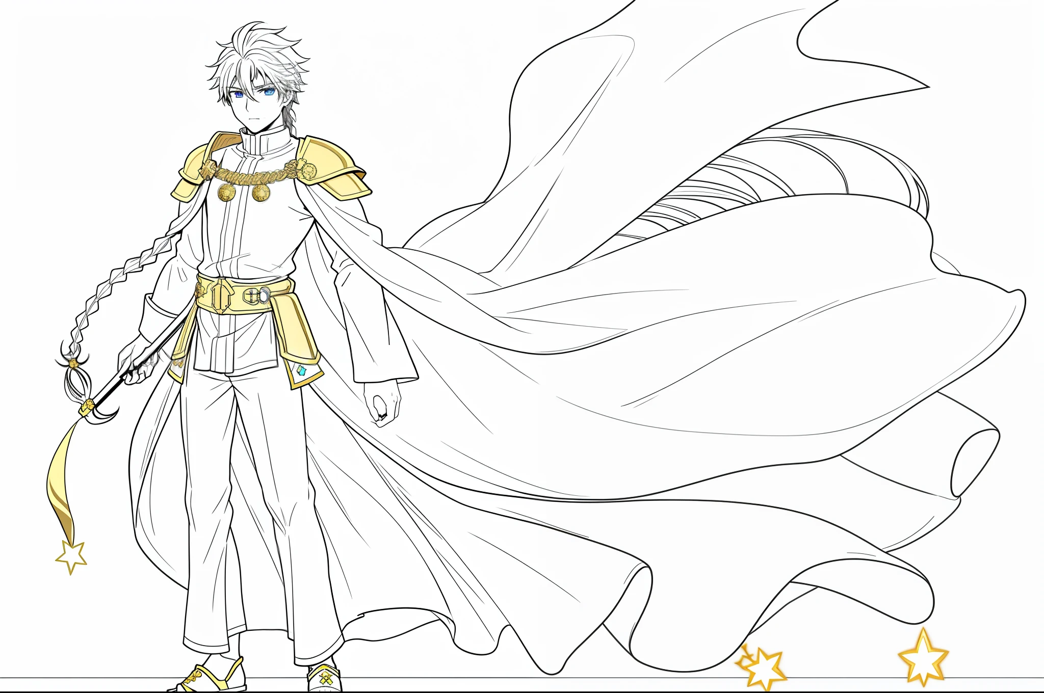 1man 1character boy anime fullbody reference sheet, multiple angles, a man wearing a garment that seemed to be made of white, floating clouds, long tunic reaching down to his ankles, with billowing sleeves that extended to his elbows, a long flowing cape that rippled in the wind, as if being supported by invisible wings. Over the tunic, the man wore a gleaming golden armor that covered his chest and shoulders, with a golden sash around his waist. In his hands, held a short wand with a crystal sphere at the top. His hair was long and black, with a braid cascading over one of his shoulders. His eyes were of an intense and deep blue, seemingly glowing with an inner light. On his forehead, there was a mark in the shape of a golden star. drawing character sheet, full body, same character at 3 angles,(simple background, white background:1.3),