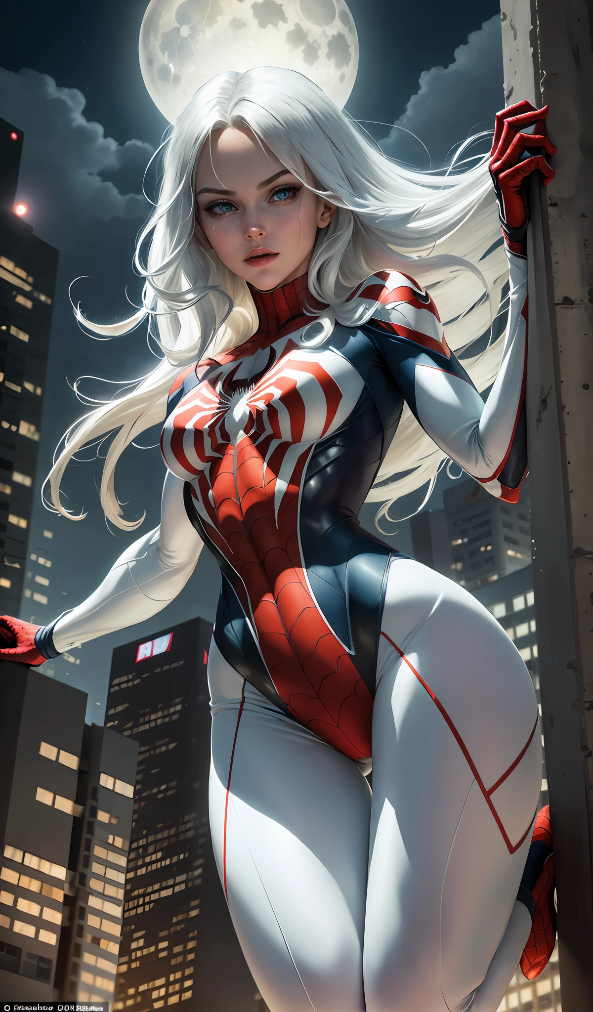 (Masterpiece, 4k resolution, ultra-realistic, very detailed), (White superhero theme, charismatic, there's a girl on top of town, wearing Spider-Man costume, she's a superhero), [ ((25 years), (long white hair:1.2), full body, (blue eyes:1.2), ((Spider-Man pose),show of strength, jumping from one building to another), ((sandy urban environment):0.8)| (cityscape, at night, dynamic lights), (full moon))] # Explanation: The Prompt mainly describes a 4K painting of ultra-high definition, very realistic, very detailed. It shows a superheroine at the top of the city, wearing a Spider-Man costume. The theme in the painting is a white superhero theme, the female protagonist has long white hair, is 25 years old and her entire body is shown in the painting. In terms of portraying the actions of superheroines, spiders are employed