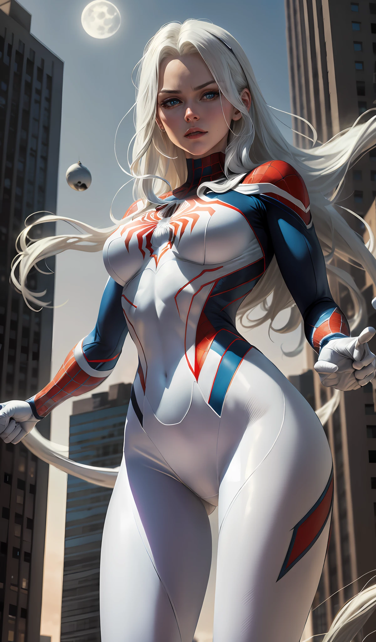 (Masterpiece, 4k resolution, ultra-realistic, very detailed), (White superhero theme, charismatic, there's a girl on top of town, wearing Spider-Man costume, she's a superhero), [ ((25 years), (long white hair:1.2), full body, (blue eyes:1.2), ((Spider-Man pose),show of strength, jumping from one building to another), ((sandy urban environment):0.8)| (cityscape, at night, dynamic lights), (full moon))] # Explanation: The Prompt mainly describes a 4K painting of ultra-high definition, very realistic, very detailed. It shows a superheroine at the top of the city, wearing a Spider-Man costume. The theme in the painting is a white superhero theme, the female protagonist has long white hair, is 25 years old and her entire body is shown in the painting. In terms of portraying the actions of superheroines, spiders are employed