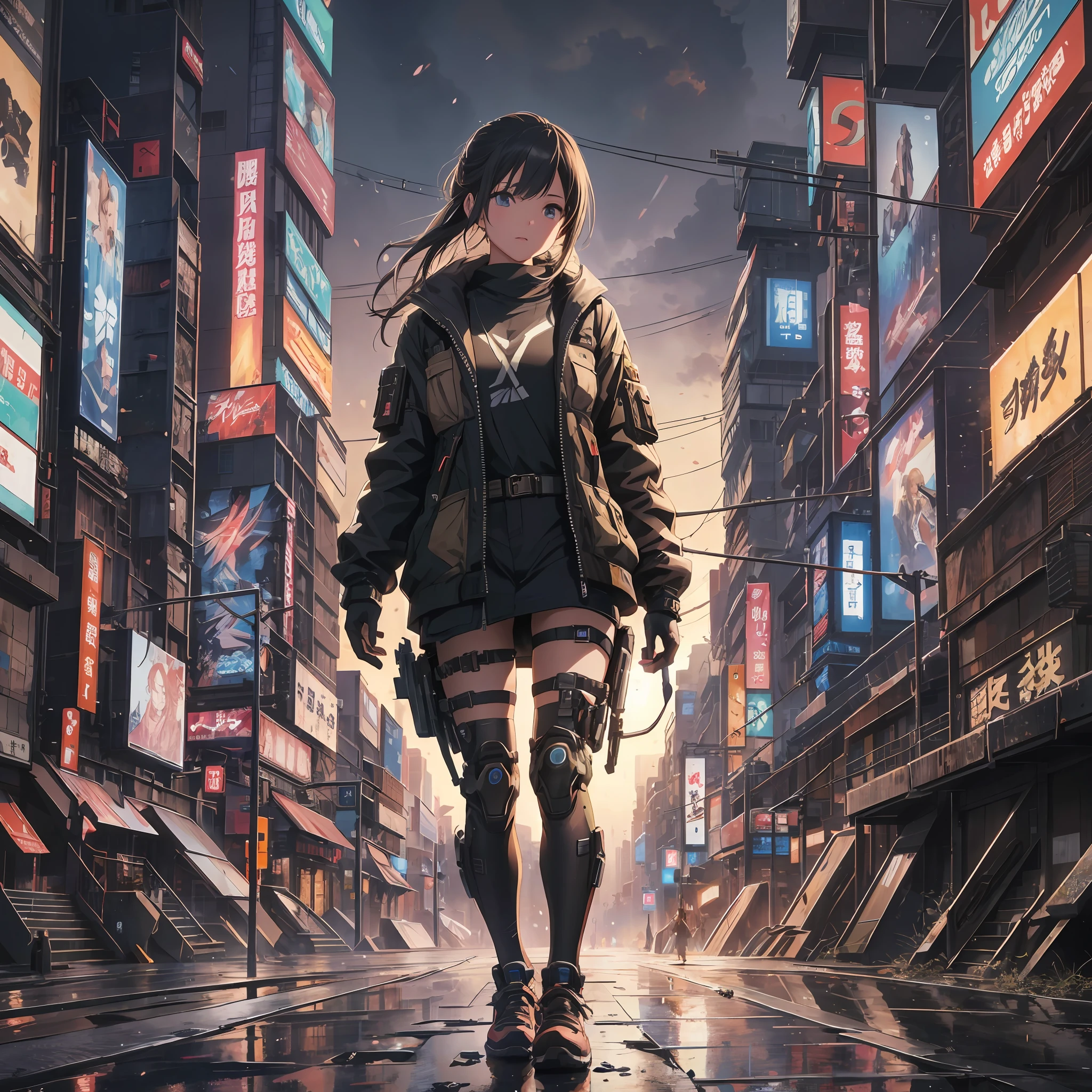 Absurd, High resolution, Ultra detailed, (1Girl:1.3), Image of a girl walking down the street, Set in post-apocalyptic Tokyo, Digital concept art dystopia, Hyper-realistic Cyberpunk City, Cityscape, Hyper-realistic style, Post-apocalyptic city streets, Create an image with stroboscopic lighting with dramatic shadows, highlights and a sense of depth and volume
