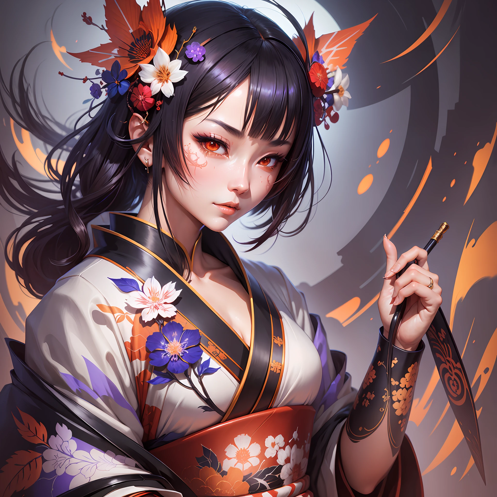 onmyoji, Japanese woman, hyperdetailed, warm colors, intricate details, volumetric, Art by Iliya Kuvshinov, glaring eyes