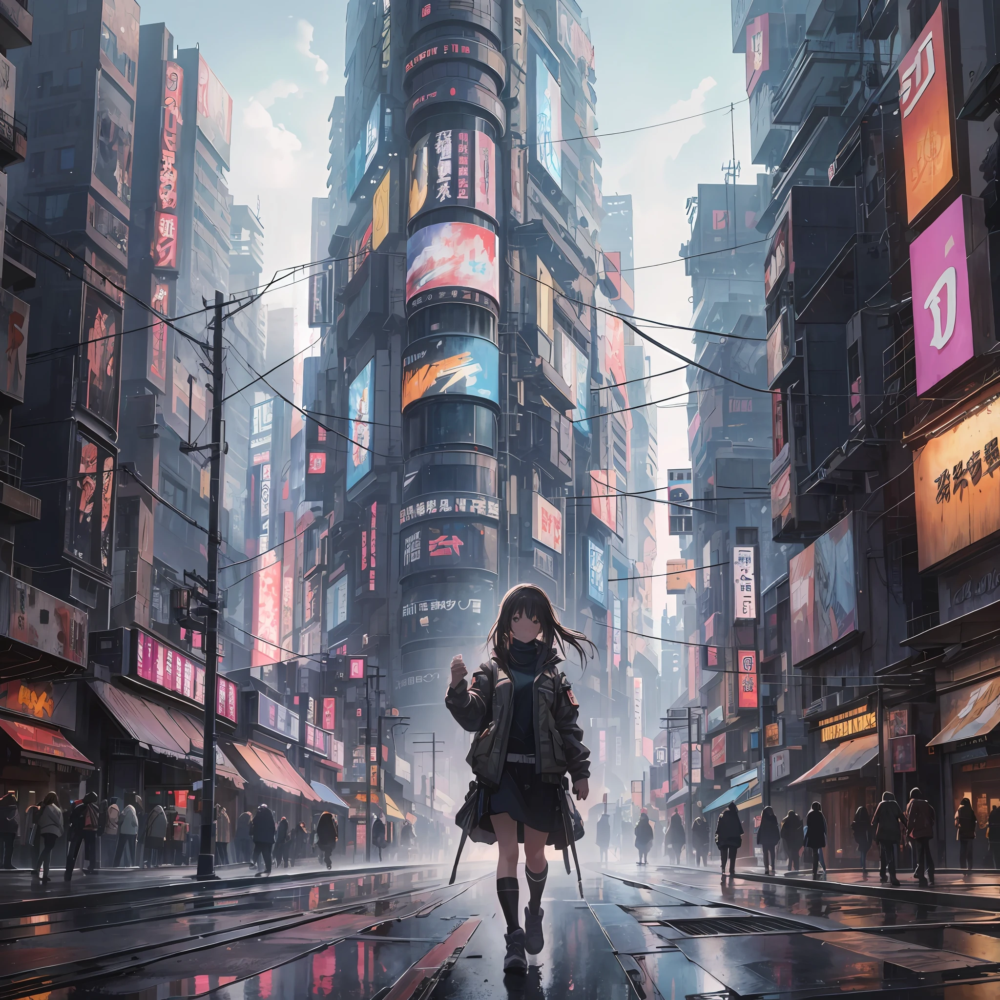 Absurd, High resolution, Ultra detailed, (1Girl:1.3), Image of a girl walking down the street, Set in post-apocalyptic Tokyo, Digital concept art dystopia, Hyper-realistic Cyberpunk City, Cityscape, Hyper-realistic style, Post-apocalyptic city streets, Create an image with stroboscopic lighting with dramatic shadows, highlights and a sense of depth and volume