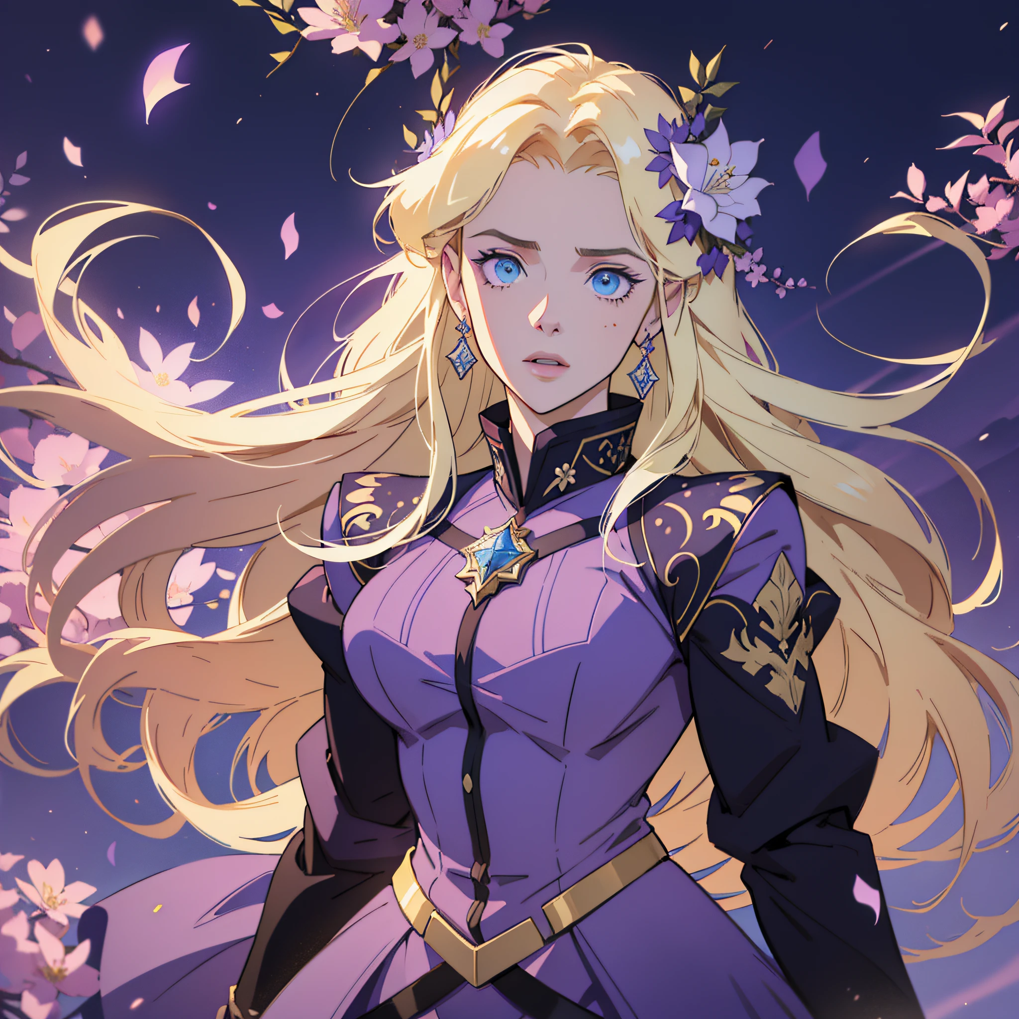 style of Gabriel Picolo, beautiful girl, blue eyes, blonde long straight hair, purple dress, high quality, detailed, anime, high quality, high detail aristocrats, royalty, (luminous particles: 1,3), moonlight, lens flare, (cinematic light), illustration, royal family, [: (detailed face: 1,2): 0,2], detailed, detailed clothing, (detailed background: 1.3), dynamic pose, 30 years old, concept art, splashart, particles, wind,  flowers, upper body, simple background with gear elements