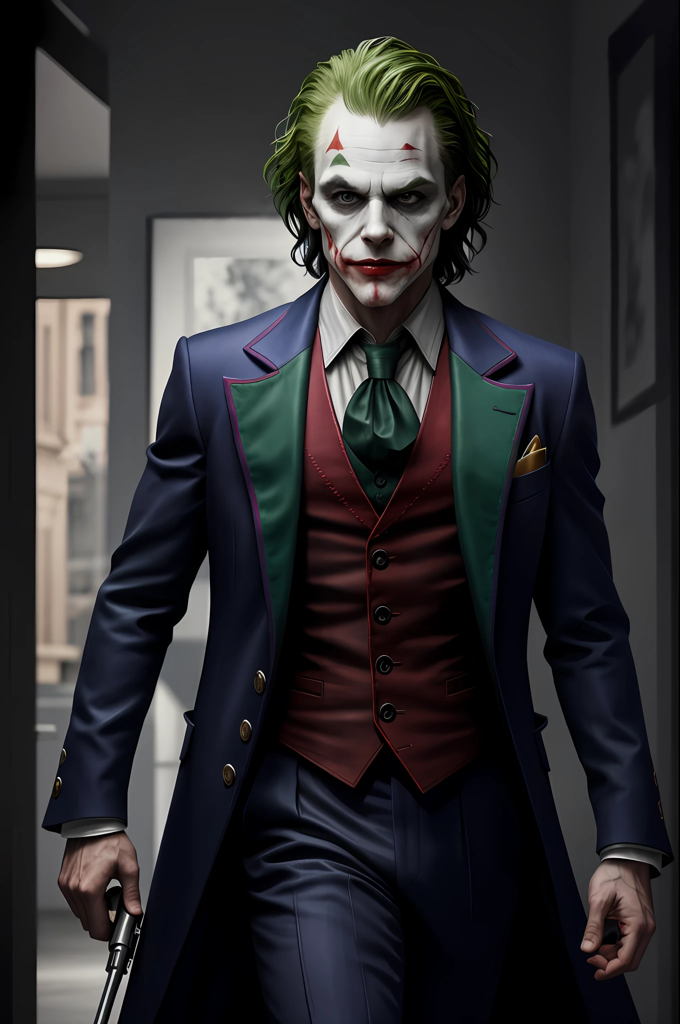 (8k, RAW photo, best quality, masterpiece:1.2), ultra detailed, official art, photo-realistic:1.37, upper body shot, DC Joker, film grain, action pose