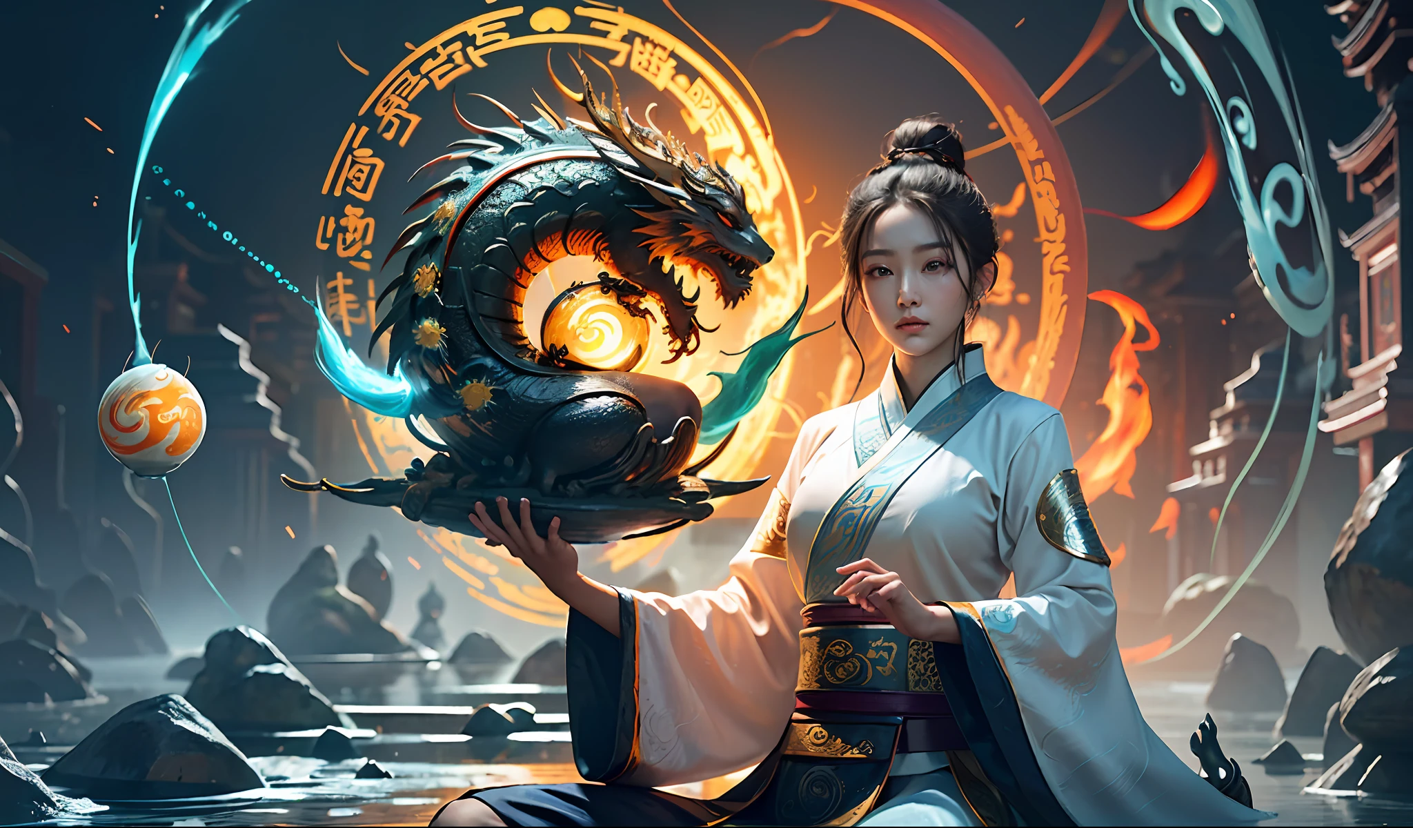 (harmony, balance, yin and yang), Chinese silk painting, Tai Chi principles, fluid movement, interrelated elements, interplay of contrasting forces, Taoist philosophy, touches of the I Ching, warm and cool tones, art of reflection, inspiration by Laozi, Zhuangzi, Yin-Yang Diagram, Tai Chi Diagram, Bagua Diagram, Unity of Spirit and Body, 1girl, ultra realistic face, highly detailed eyes, Solo, Taoism, Summoning Magic, Movie Lighting, Fire and Ice Split, Bagua Background, Circle Bagua, Yiyang, Taoist Practice, Meditation Sitting, Buddha Sitting, Spiral Dragon, Top Cloud Dragon,