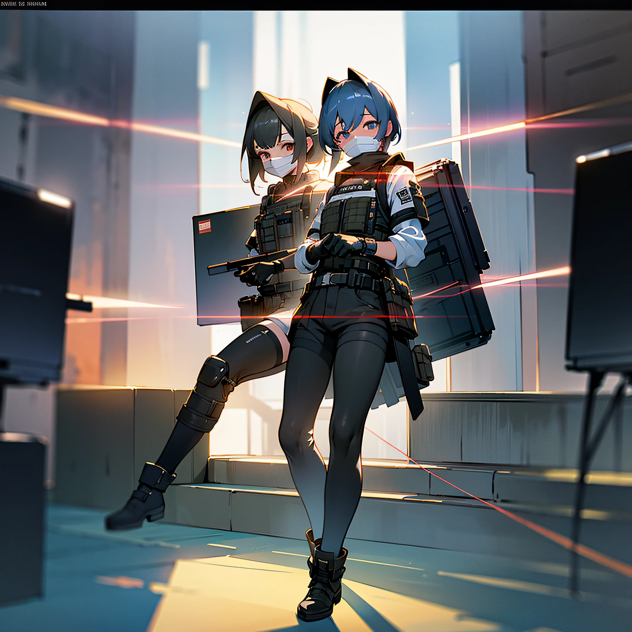 ((high quality)), ((masterpiece)), 8k, 2girls, bulletproof vest, mask, light rays, extremely detailed CG unity 8k wallpaper, game cg, looking at viewer, mask on head, gloves, boots, full body, watch, computer,