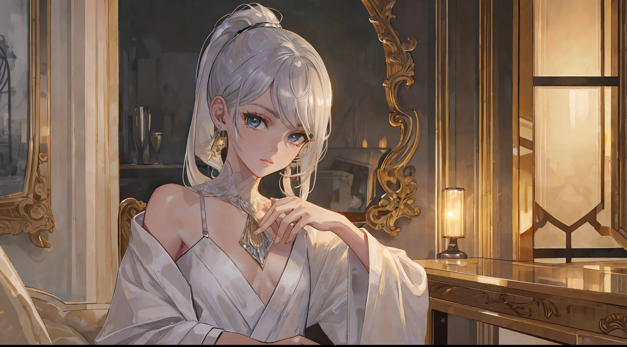 (best quality, masterpiece: 1.2), ultra-high resolution, realistic, front lighting, intricate details, exquisite details and textures, 1girl, solo, (young), face illumination, upper body, detailed face, tear mole, white skin, silver hair, ponytail, pigtail hair, looking at the viewer, big eyes, silk robe, (hollow pattern, white, silk), earrings, small breasts, slim body, luxury room, professional lighting, photon display, radio, physical rendering