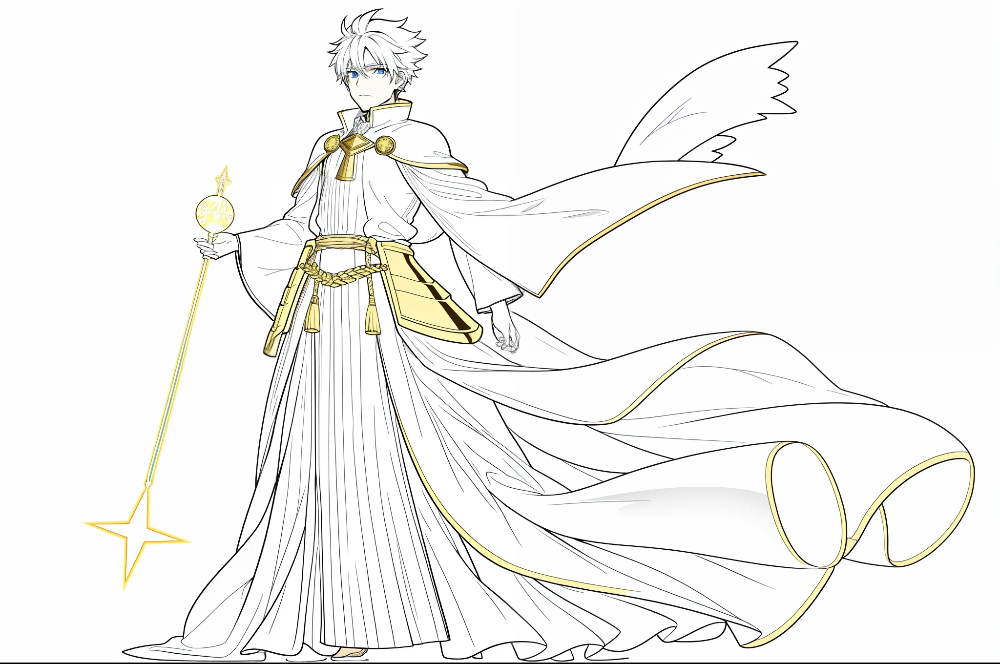 1man 1character boy anime fullbody reference sheet, multiple angles, a man wearing a garment that seemed to be made of white, floating clouds, long tunic reaching down to his ankles, with billowing sleeves that extended to his elbows, a long flowing cape that rippled in the wind, as if being supported by invisible wings. Over the tunic, the man wore a gleaming golden armor that covered his chest and shoulders, with a golden sash around his waist. In his hands, held a short wand with a crystal sphere at the top. His hair was long and black, with a braid cascading over one of his shoulders. His eyes were of an intense and deep blue, seemingly glowing with an inner light. On his forehead, there was a mark in the shape of a golden star. drawing character sheet, full body, same character at 3 angles,(simple background, white background:1.3),
