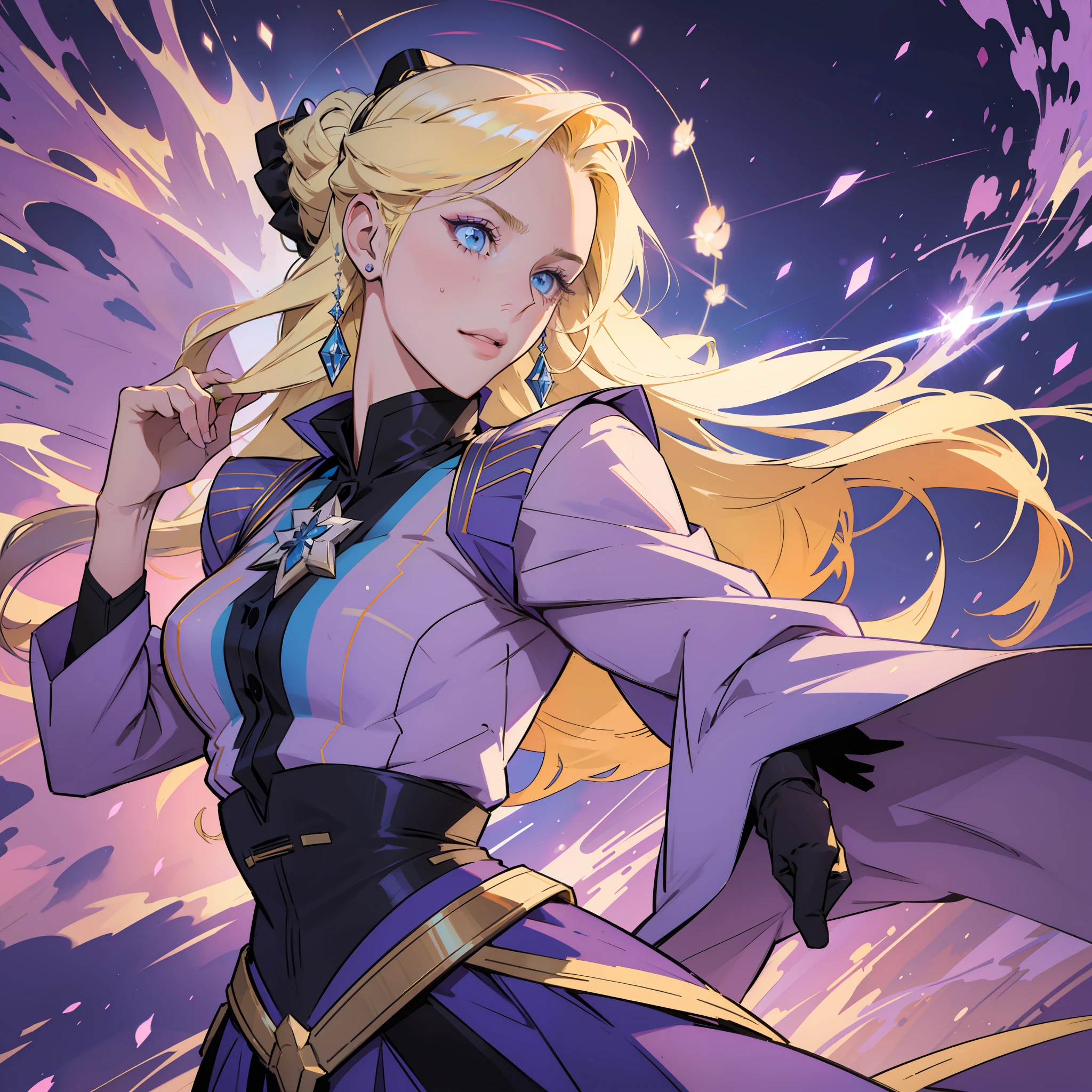 style of Gabriel Picolo, beautiful girl, blue eyes, blonde long straight hair, purple dress, high quality, detailed, anime, high quality, high detail aristocrats, royalty, (luminous particles: 1,3), moonlight, lens flare, (cinematic light), illustration, royal family, [: (detailed face: 1,2): 0,2], detailed, detailed clothing, (detailed background: 1.3), dynamic pose, 30 years old, concept art, splashart, particles, wind,  Simple background with gear elements, cool shades, different poses, side view, front view