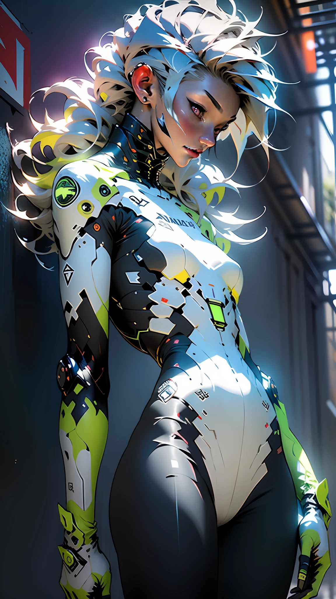 ((Best Quality)), ((Masterpiece)), (Detailed: 1.4), (Masterpiece, Best Quality: 1.2), Realistic, 50mm Portrait, Absurd, Flower, Brightness, High Contrast, Depth of Field, Dynamic Lighting, Night, Darkness, Neon, 1girl, Solo, Beautiful, Slender, Medium Breasts, Delicate Facial Features, Hip-Hop, White Mohawk Hair, Futuristic Sweatshirt, Long Wide Pants, Appearing Panties Strap, Splash Paint, Graffiti on the Wall, Pastel, Blacklight, HDR (High Dynamic Range), Ray Tracing,NVIDIA RTX,Super-Resolution,Unreal 5,Subsurface Dispersion, PBR Texture, Post-processing, Anisotropic Filtering, Depth of Field, Maximum Clarity and Sharpness, Multilayer Textures, Albedo and Specular Maps, Surface Shading, Accurate Simulation of Light-Material Interaction, Perfect Proportions, Octane Render, Two-Tone Lighting, Wide Aperture, Low ISO, White Balance, Rule of Thirds, 8K RAW, Crysisnanosuit