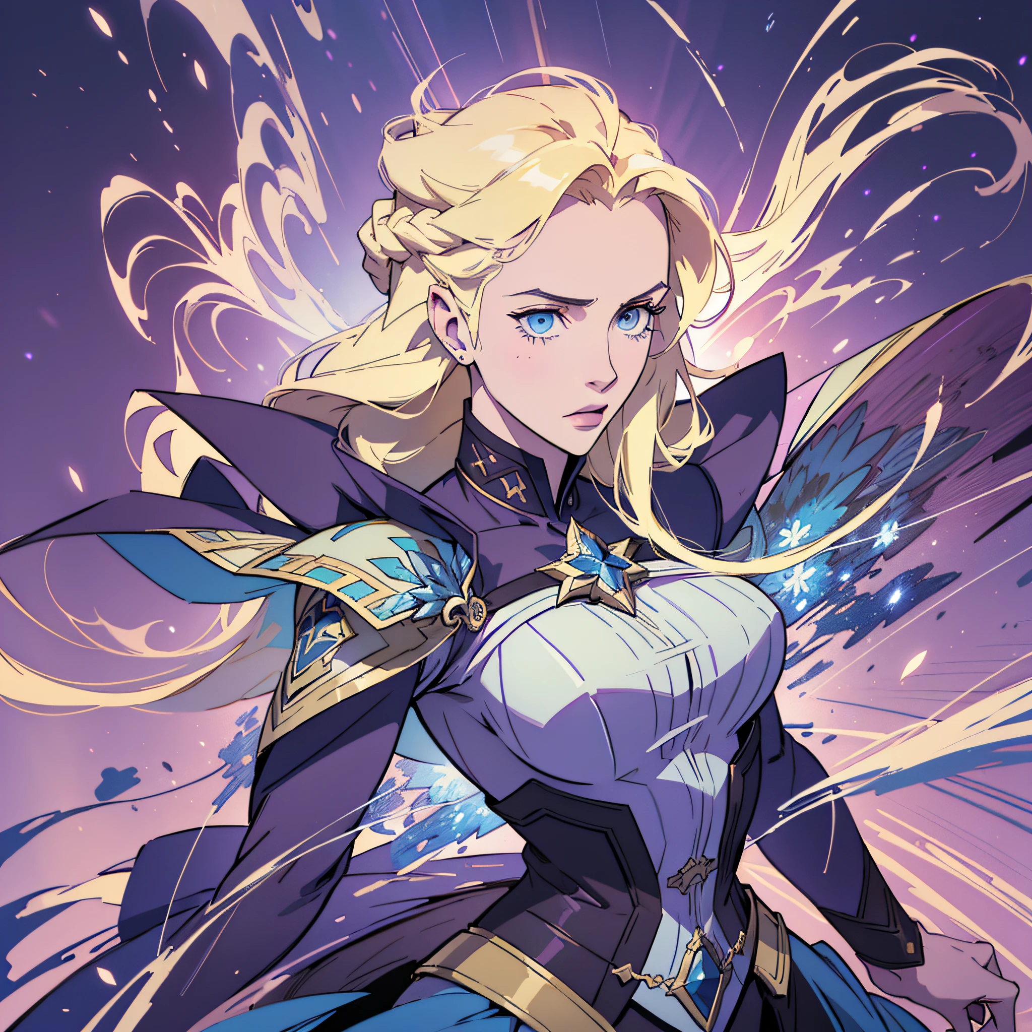 style of Gabriel Picolo, beautiful girl, blue eyes, blonde long straight hair, purple dress, high quality, detailed, anime, high quality, high detail aristocrats, royalty, (luminous particles: 1,3), moonlight, lens flare, (cinematic light), illustration, royal family, [: (detailed face: 1,2): 0,2], detailed, detailed clothing, (detailed background: 1.3), dynamic pose, 30 years old, concept art, splashart, particles, wind,  Simple background with gear elements, cool shades, different poses, side view, front view