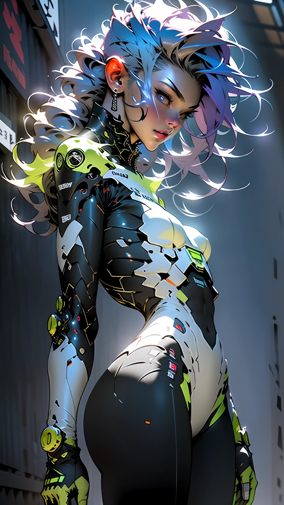 ((Best Quality)), ((Masterpiece)), (Detailed: 1.4), (Masterpiece, Best Quality: 1.2), Realistic, 50mm Portrait, Absurd, Flower, Brightness, High Contrast, Depth of Field, Dynamic Lighting, Night, Darkness, Neon, 1girl, Solo, Beautiful, Slender, Medium Breasts, Delicate Facial Features, Hip-Hop, White Mohawk Hair, Futuristic Sweatshirt, Long Wide Pants, Appearing Panties Strap, Splash Paint, Graffiti on the Wall, Pastel, Blacklight, HDR (High Dynamic Range), Ray Tracing,NVIDIA RTX,Super-Resolution,Unreal 5,Subsurface Dispersion, PBR Texture, Post-processing, Anisotropic Filtering, Depth of Field, Maximum Clarity and Sharpness, Multilayer Textures, Albedo and Specular Maps, Surface Shading, Accurate Simulation of Light-Material Interaction, Perfect Proportions, Octane Render, Two-Tone Lighting, Wide Aperture, Low ISO, White Balance, Rule of Thirds, 8K RAW, Crysisnanosuit