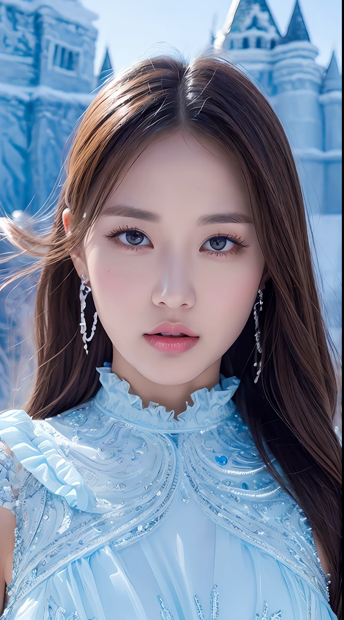 super fine illustration, an extremely cute and beautiful girl, underwear,highly detailed beautiful face and eyes, look at viewer, cowboy shot, beautiful long hair, solo, dynamic angle, beautiful detailed ice dress with frill, ice castle in background, blue tone