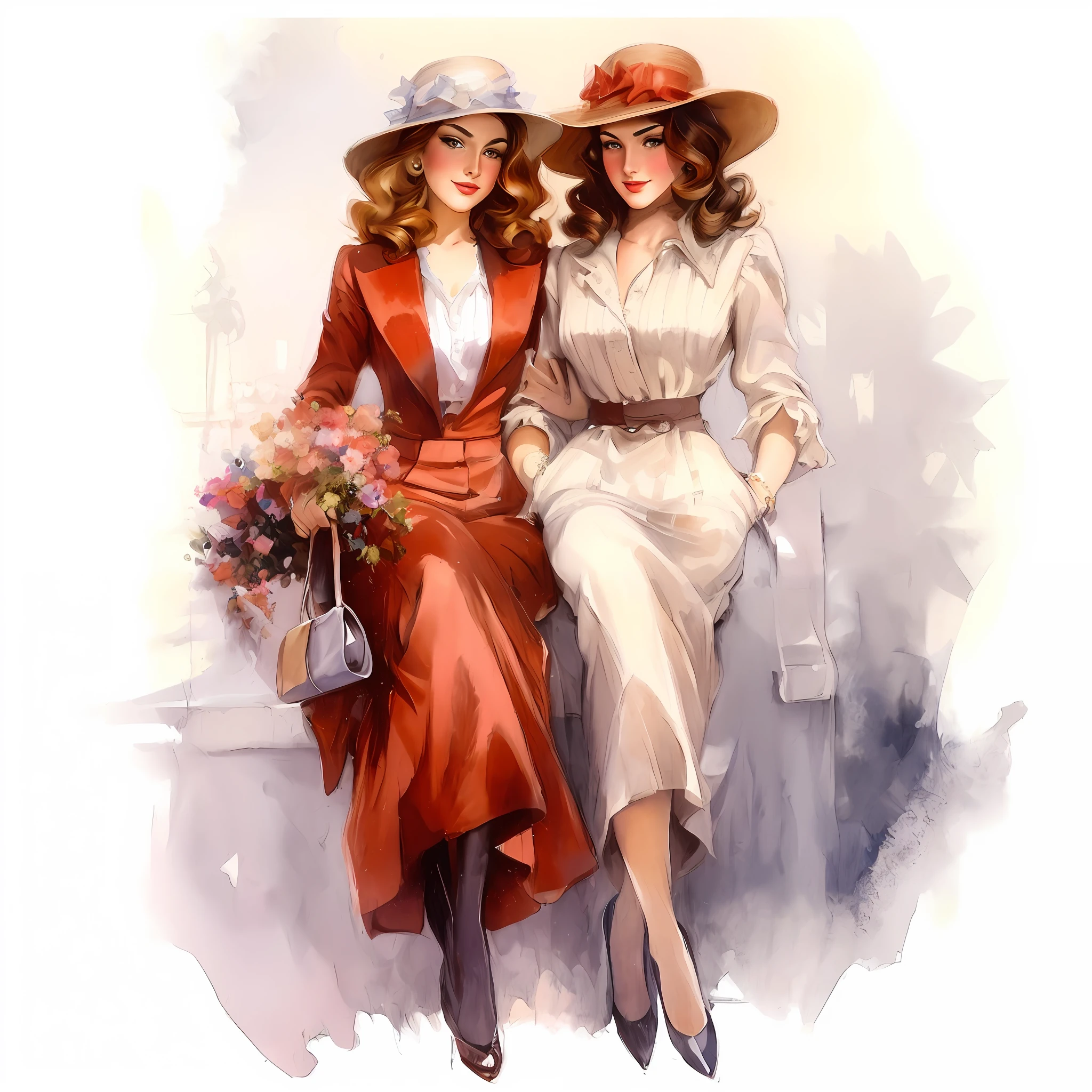 painting of two women sitting on a bench with hats on, by Harrison Fisher, two women, inspired by Harrison Fisher, vintage fashion, two girls, in style of steve henderson, by Andrzej Pronaszko, beautiful women, inspired by Raymond Leech, beautiful painting of friends, beautiful retro art, full color illustration