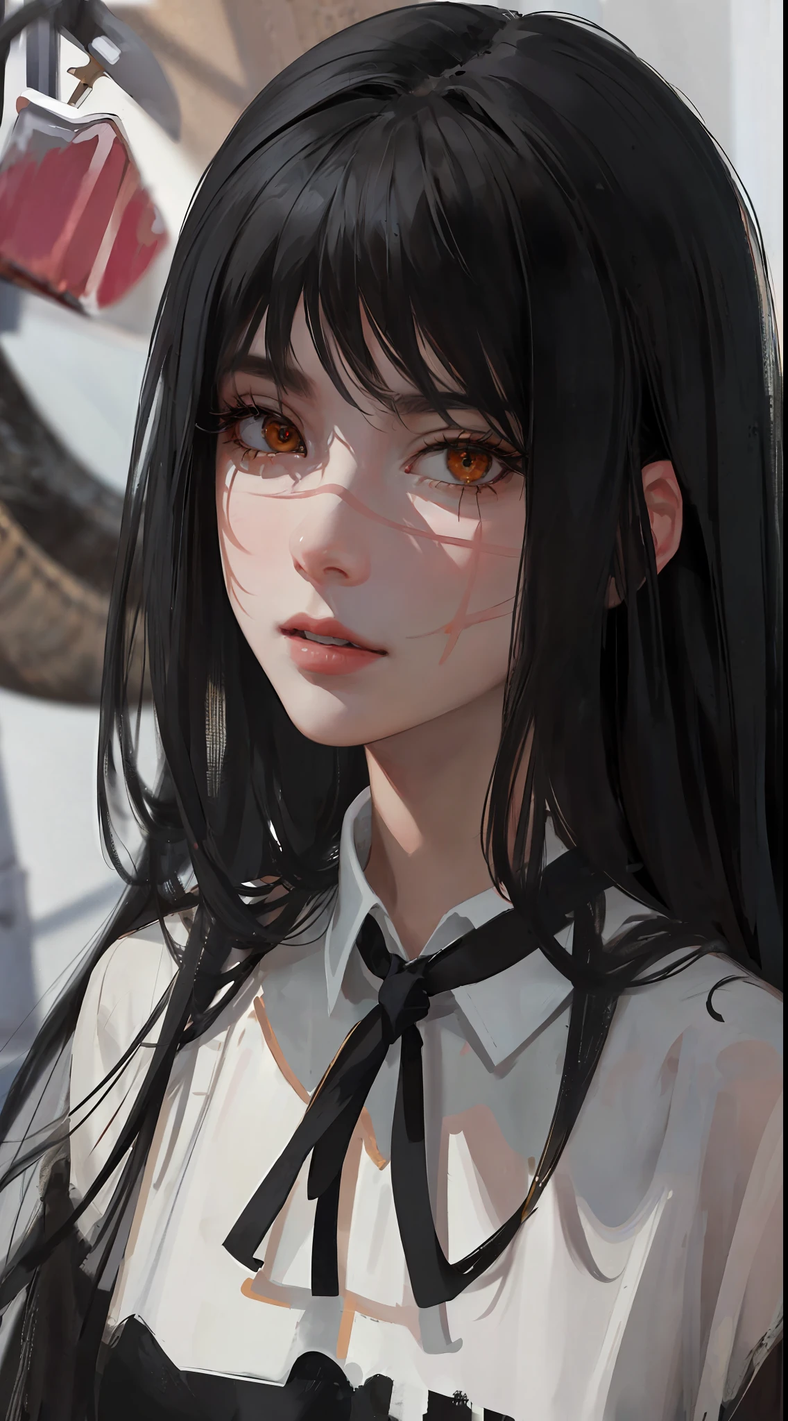 photorealistic, lip gloss, painting, realistic, best quality, ultra high resolution, depth, pastel color, natural shading, focus on the face, just the face, looking at the viewer, long hair, black hair, brown and well-detailed eyes, black clothing