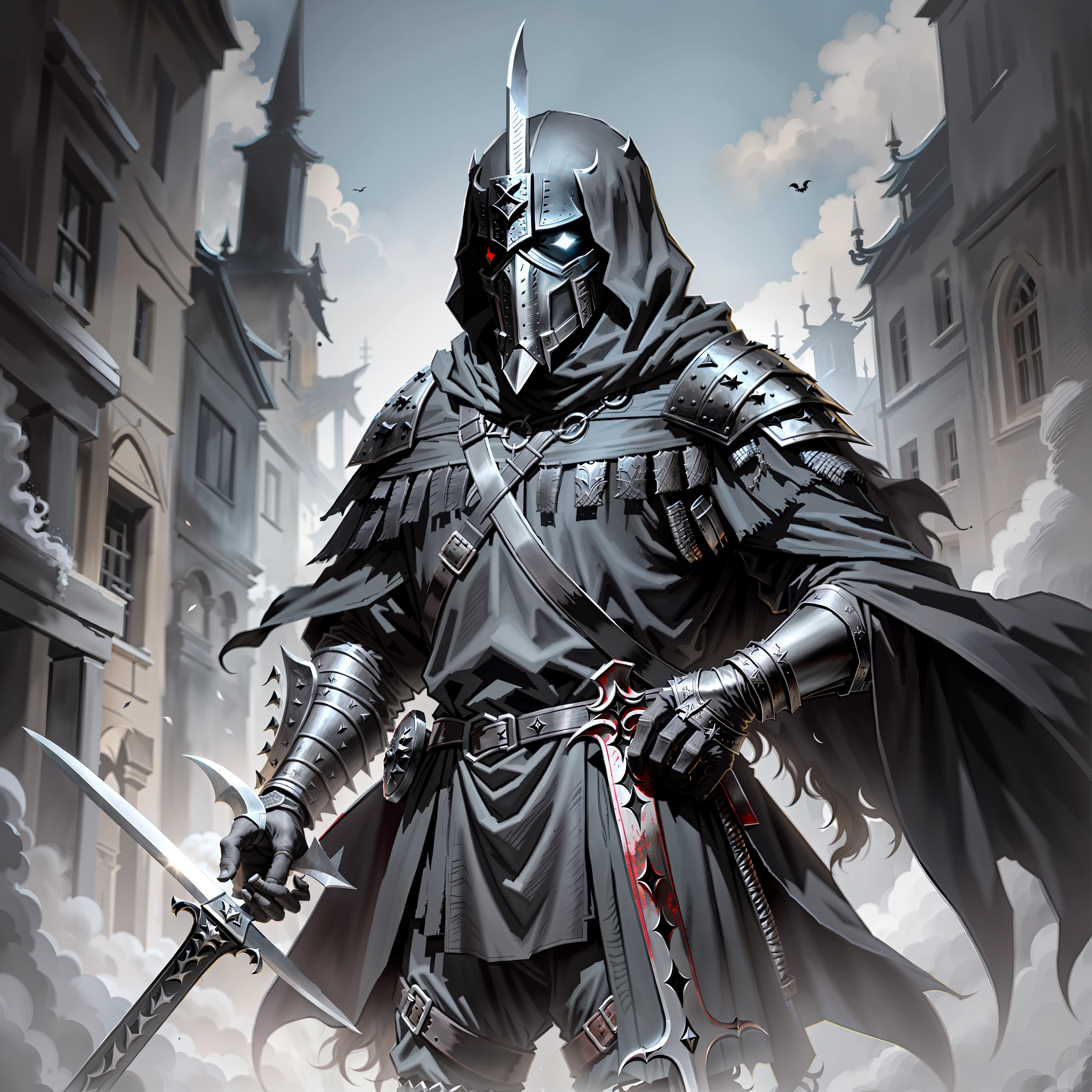 Creature with mask of (((Black Death))) with two thin and sharp silver swords