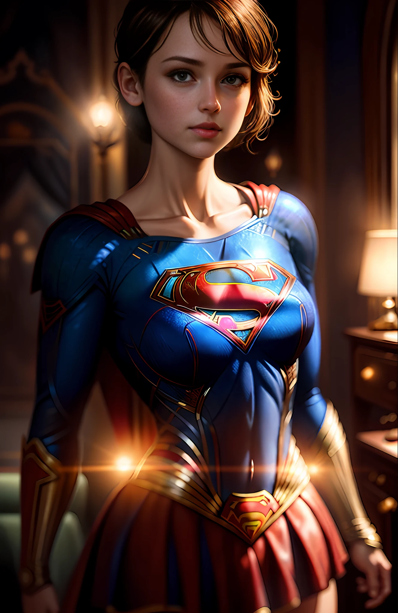 best quality, realistic, photorealistic, award-winning illustration, (intricate details: 1.2), (delicate detail), (intricate details), (cinematic light, Supergirl with extremely sexy short hair