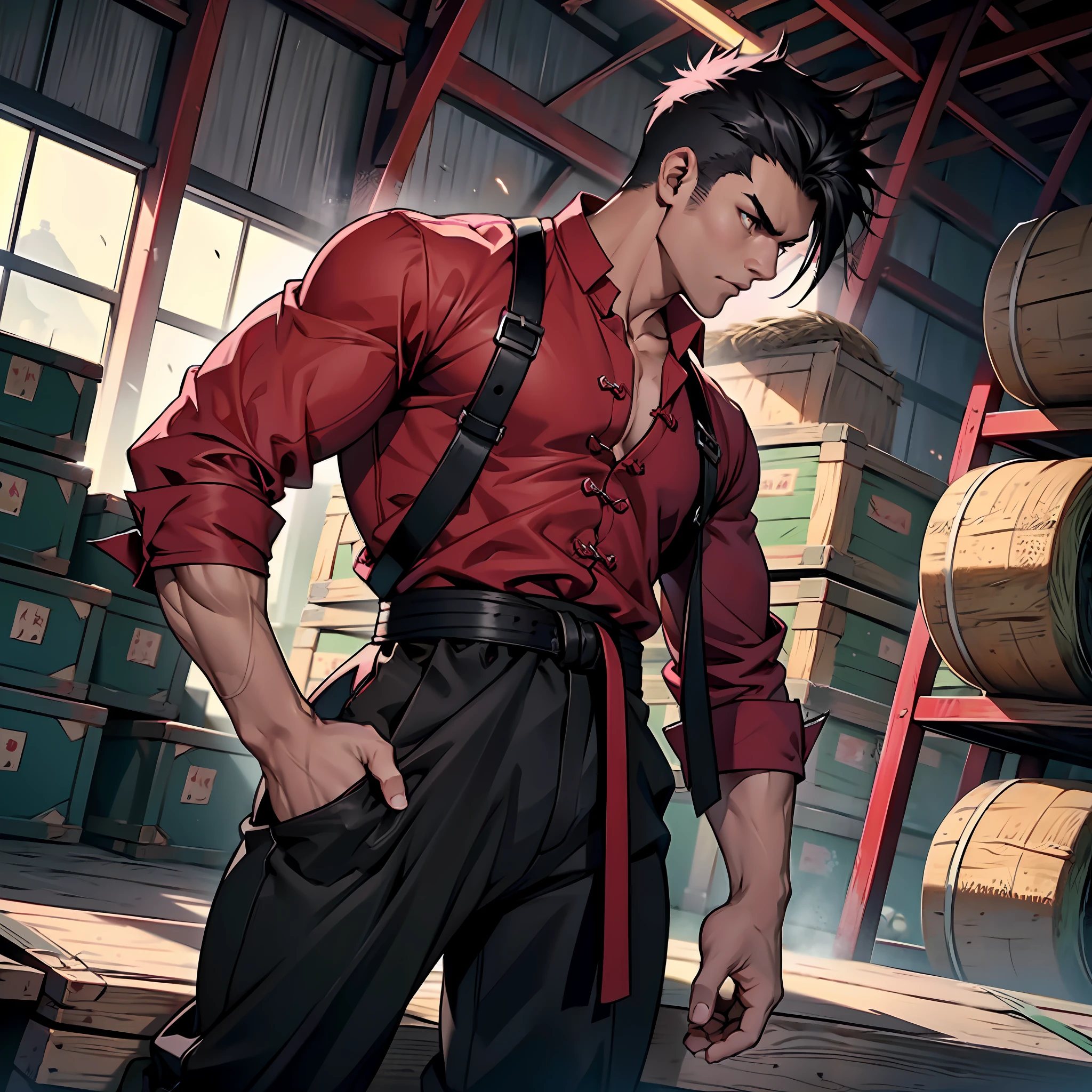 Muscular man, defined body, developed body, kung fu fighter, red blouse with buttons, long black pants of black color, black belt at the waist, spiky hair, short hair of black color (hair with pink locks at the ends), wrestler's shoes, serious look, coming out of the hay bale warehouse, medieval setting, alone.