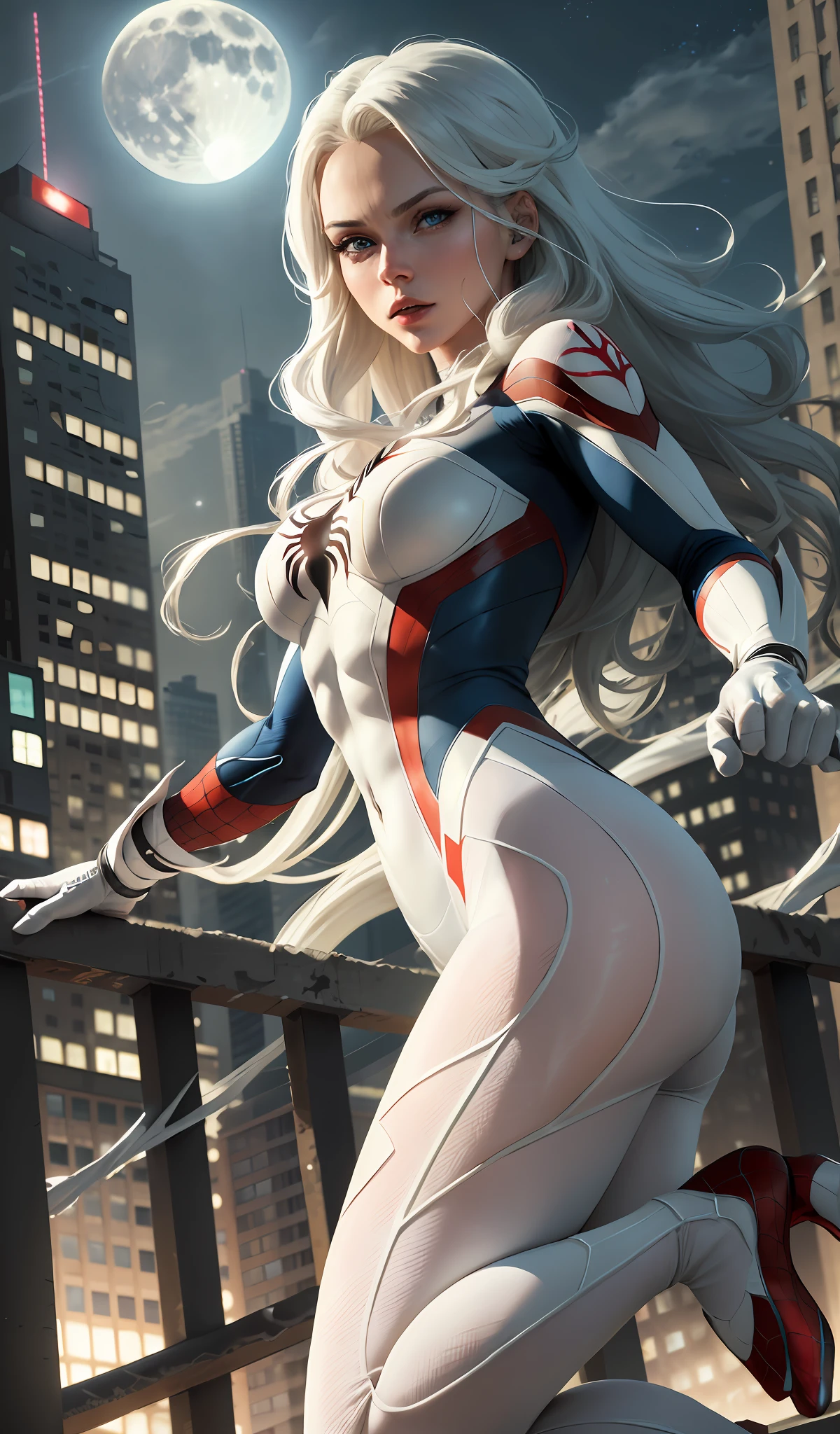 (Masterpiece, 4k resolution, ultra-realistic, very detailed), (White superhero theme, charismatic, there's a girl on top of town, wearing Spider-Man costume, she's a superhero), [ ((25 years), (long white hair:1.2), full body, (blue eyes:1.2), ((Spider-Man pose),show of strength, jumping from one building to another), ((sandy urban environment):0.8)| (cityscape, at night, dynamic lights), (full moon))] # Explanation: The Prompt mainly describes a 4K painting of ultra-high definition, very realistic, very detailed. It shows a superheroine at the top of the city, wearing a Spider-Man costume. The theme in the painting is a white superhero theme, the female protagonist has long white hair, is 25 years old and her entire body is shown in the painting. In terms of portraying the actions of superheroines, spiders are employed