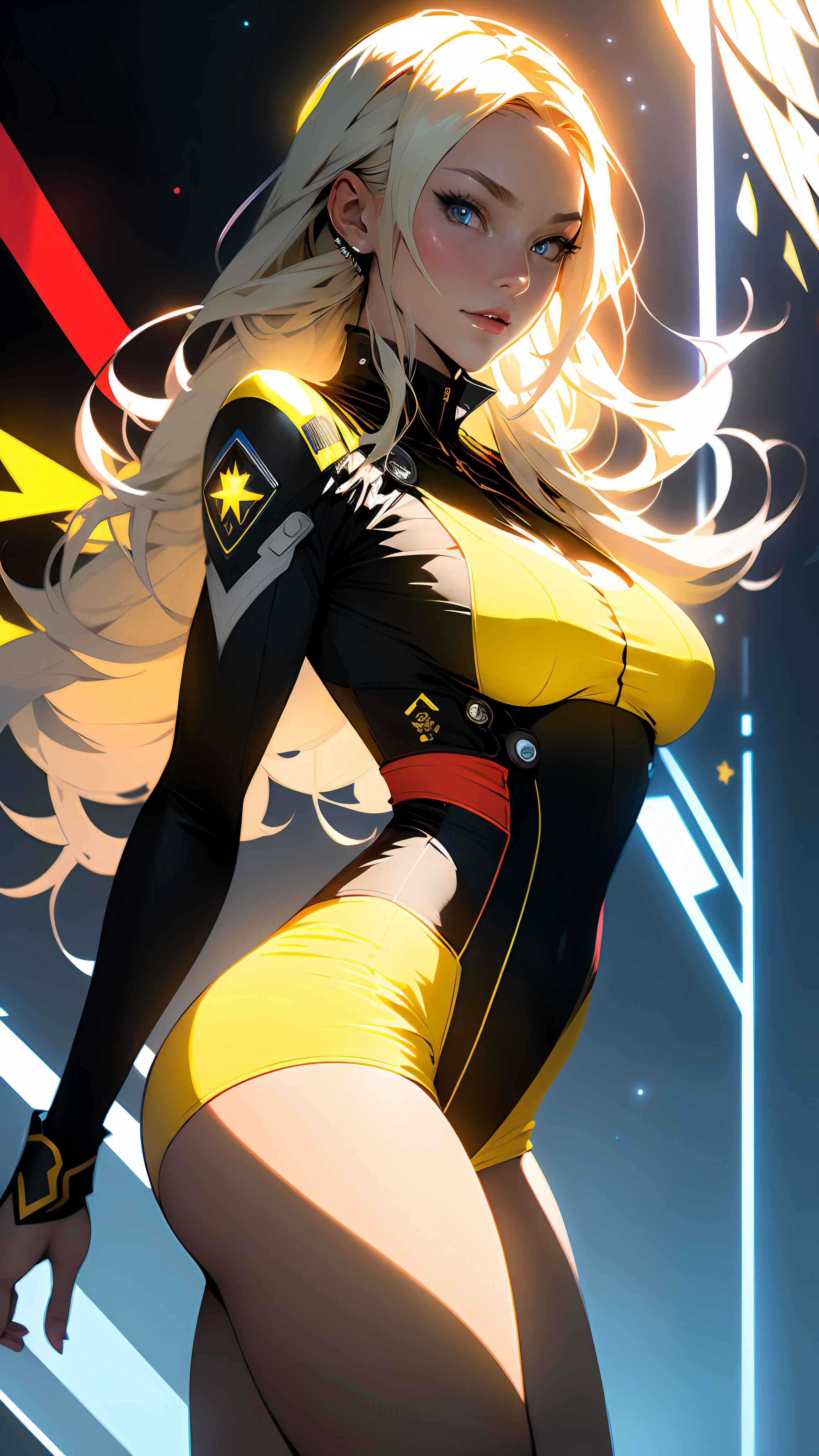 ((Best quality)), ((masterpiece)), (detailed: 1.4), Absurd, Fighter pilot Caucasian woman defined muscular body, wearing a braid, half thick naked thighs, closed mouth, only panties, muscular body parts covered by technological clothing, (((large breasts)) perfect, generous neckline, ((black, yellow and red clothing)), Germany, pastel, long blonde straight hair with moth, short underwear, garter belt, by mucha, niji --V5, close to real, best quality, almost naked, psychopathic, crazy face, sexy pose, background with a black eagle symbol of Germany, 2 pieces clothing, star designs and lightning on the arms, cyberpunk, black bra with the eagle covering the breasts, (((clothes with the colors of the flag of Germany)))), pointed shoulder pads, blue eyes without pupils, HDR (High Dynamic Range),Ray Tracing,NVIDIA RTX,Super-Resolution,Unreal 5,Subsurface Dispersion, PBR Texture, Post-processing, Anisotropic filtering, Depth of field, Maximum clarity and sharpness, Multilayer textures, Albedo and specular maps, Surface shading, Accurate simulation of light-material interaction, Perfect proportions, Octane Render, Two-tone lighting, Wide aperture, Low ISO, White balance, Rule of thirds, 8K RAW, crysisnanosuit