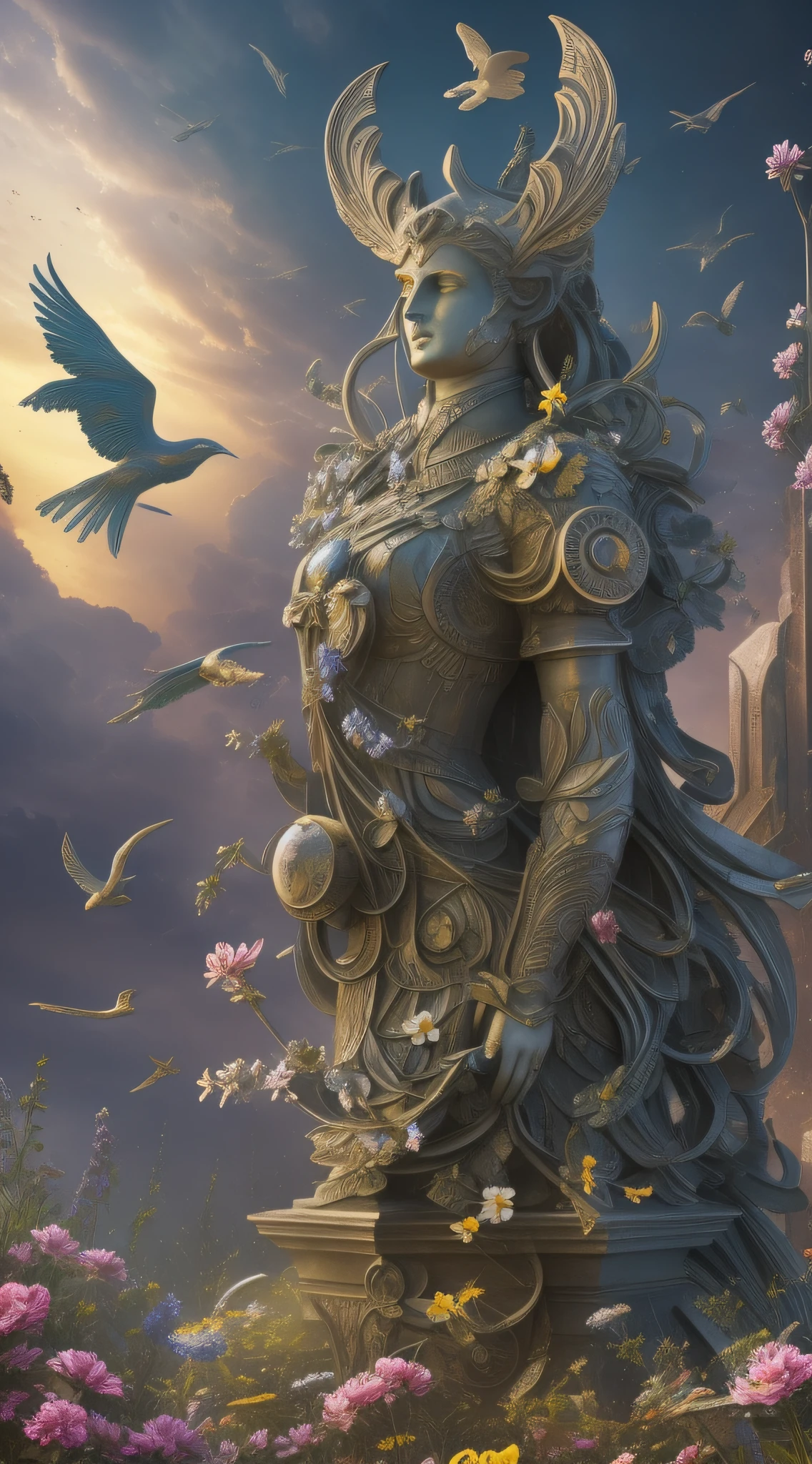 (marbel statue:1.2), art by H.R. Giger, a drawing of a marbel mech Alien surrounded by flowers and birds, HDR, ultra high-detail, centered, bokeh, light bloom, cinematic lighting, high dynamic range, depth of field