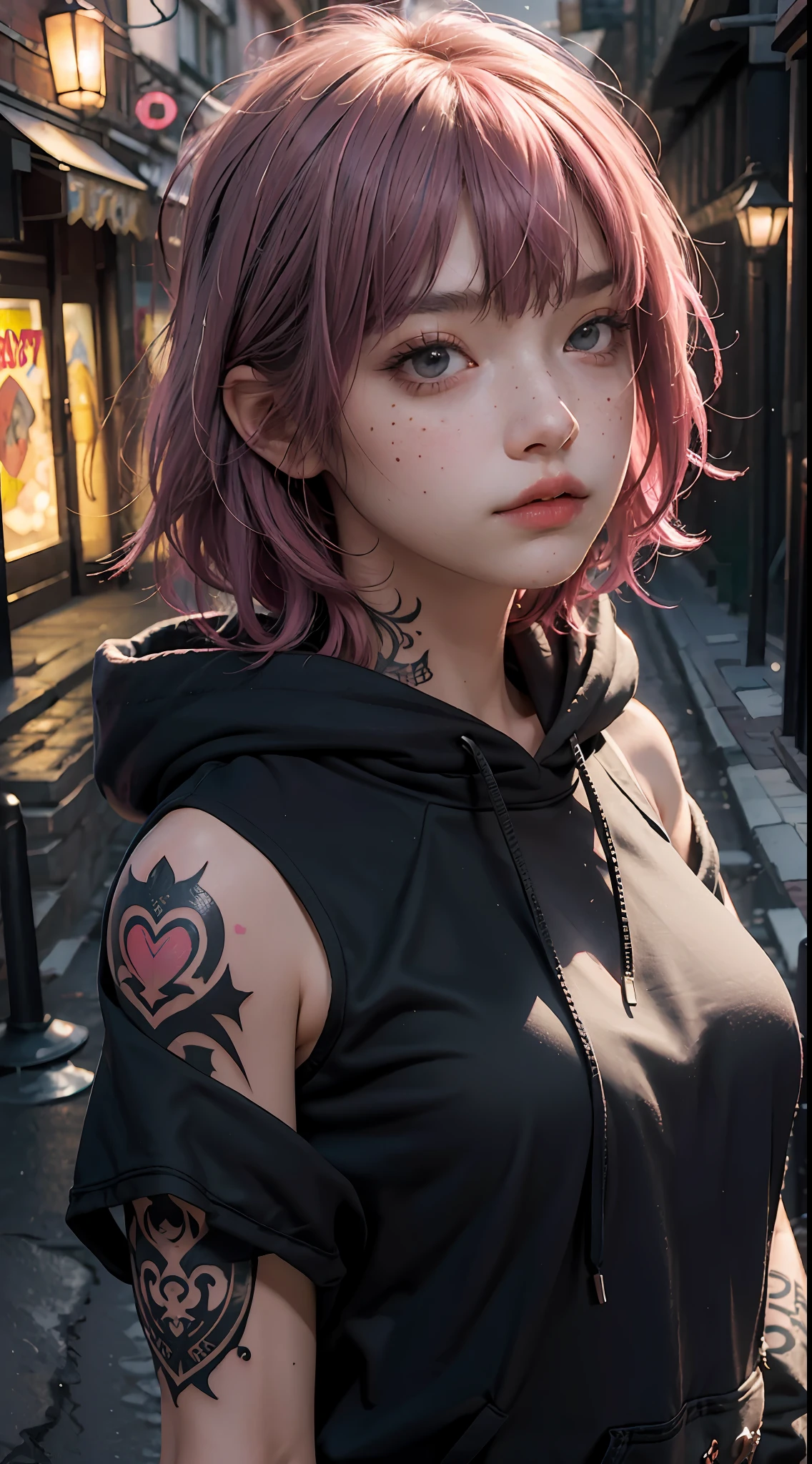 ((best quality)), ((masterpiece)), ((realistic)), (detailed), (1 girl) women, hoodie, arm tattoo, portrait, asymmetrical bangs, bandaid, short hair, bangs, breasts, freckles, grey eyes, large breasts, looking at viewer, neck tattoo, nose piercing, pink hair, solo, tattoo on face, upper body, detailed background, town, alley, dark alley, portrait, hood on head, night, angry, close up, closed mouth, , ((masterpiece)), absurdres