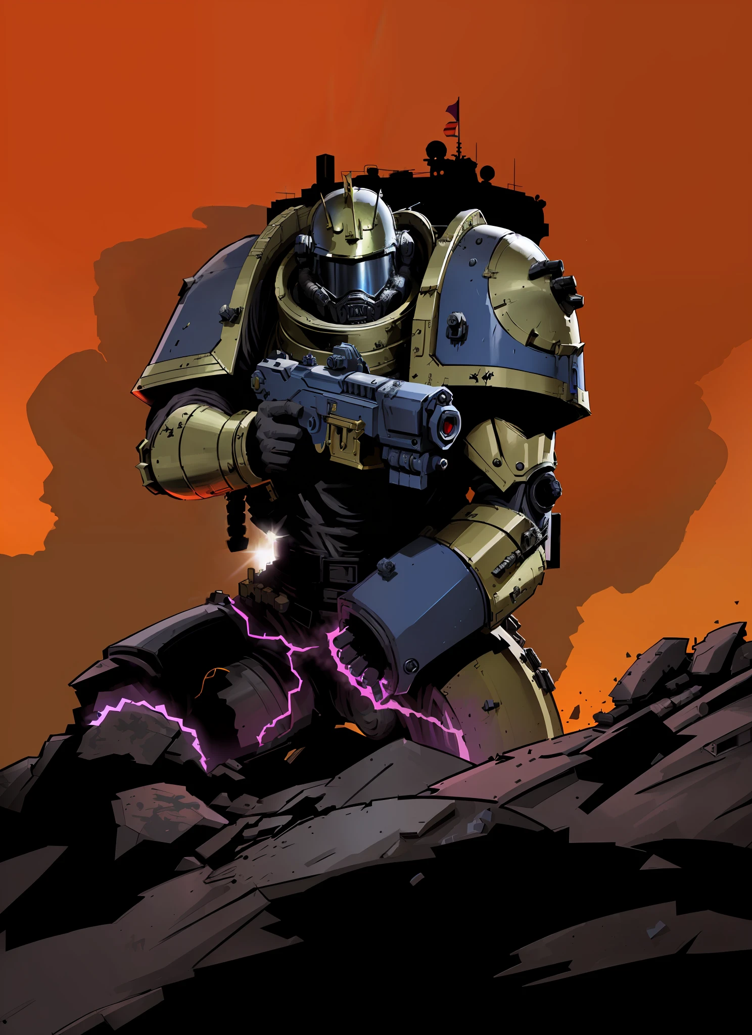 Massive gun, crusader helmet, heavy lineart, art portrait of a space marine, warhammer 40k style, portrait of space marine, heavy outlines, space marine, w 4 0 k, wh40k,