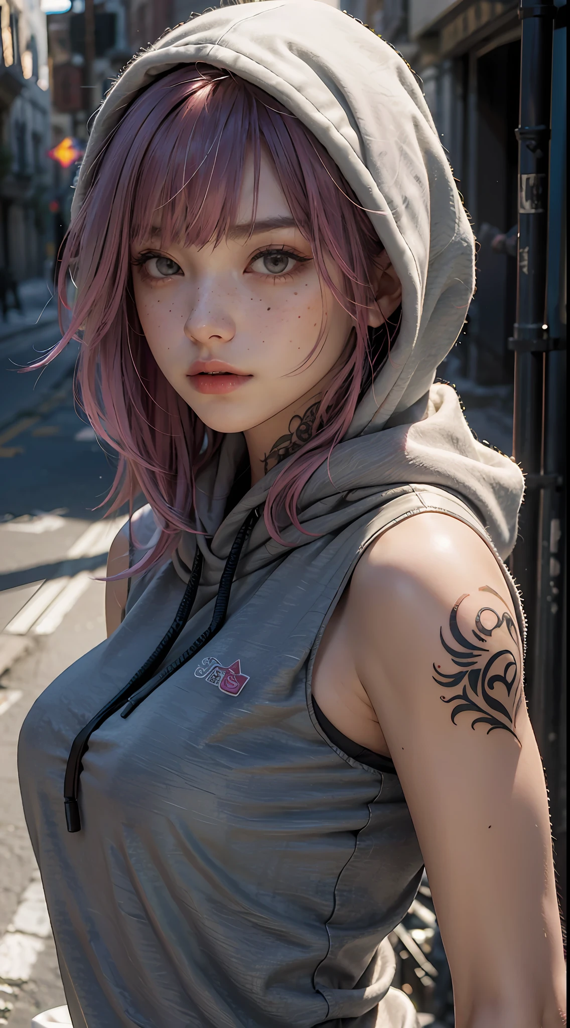 ((best quality)), ((masterpiece)), ((realistic)), (detailed), (1 girl) women, hoodie, arm tattoo, portrait, asymmetrical bangs, bandaid, short hair, bangs, breasts, freckles, grey eyes, large breasts, looking at viewer, neck tattoo, nose piercing, pink hair, solo, tattoo on face, upper body, detailed background, town, alley, dark alley, portrait, hood on head, night, angry, close up, closed mouth, , ((masterpiece)), absurdres