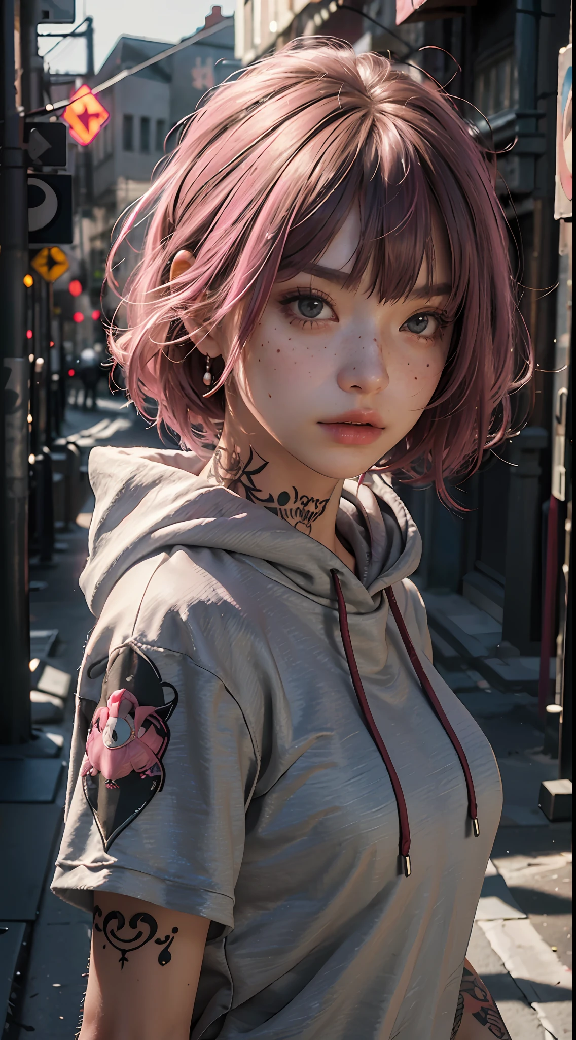 ((best quality)), ((masterpiece)), ((realistic)), (detailed), (1 girl) women, hoodie, arm tattoo, portrait, asymmetrical bangs, bandaid, short hair, bangs, breasts, freckles, grey eyes, large breasts, looking at viewer, neck tattoo, nose piercing, pink hair, solo, tattoo on face, upper body, detailed background, town, alley, dark alley, portrait, hood on head, night, angry, close up, closed mouth, , ((masterpiece)), absurdres