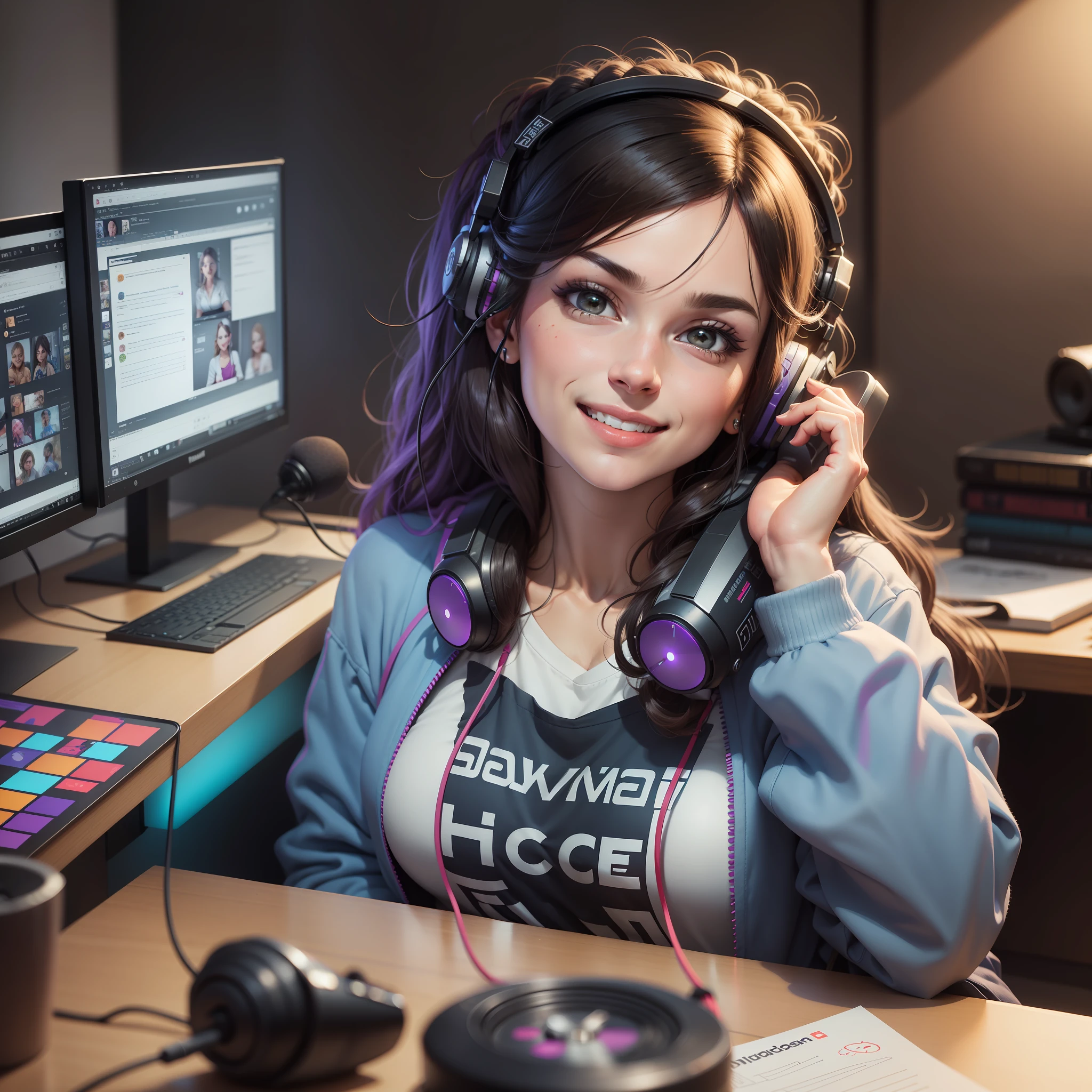 A woman sitting at a desk with a laptop and microphone, sitting in front of a microphone, Twitch streamer, Twitch streamer/gamer Ludwig, giving an interview, accurate portrait, taking control while smiling, H3H3, with a happy expression, accurate representation, in front of a computer, trending art, Shutterstock, studio shot, very expressive, realistic anime, drawn,