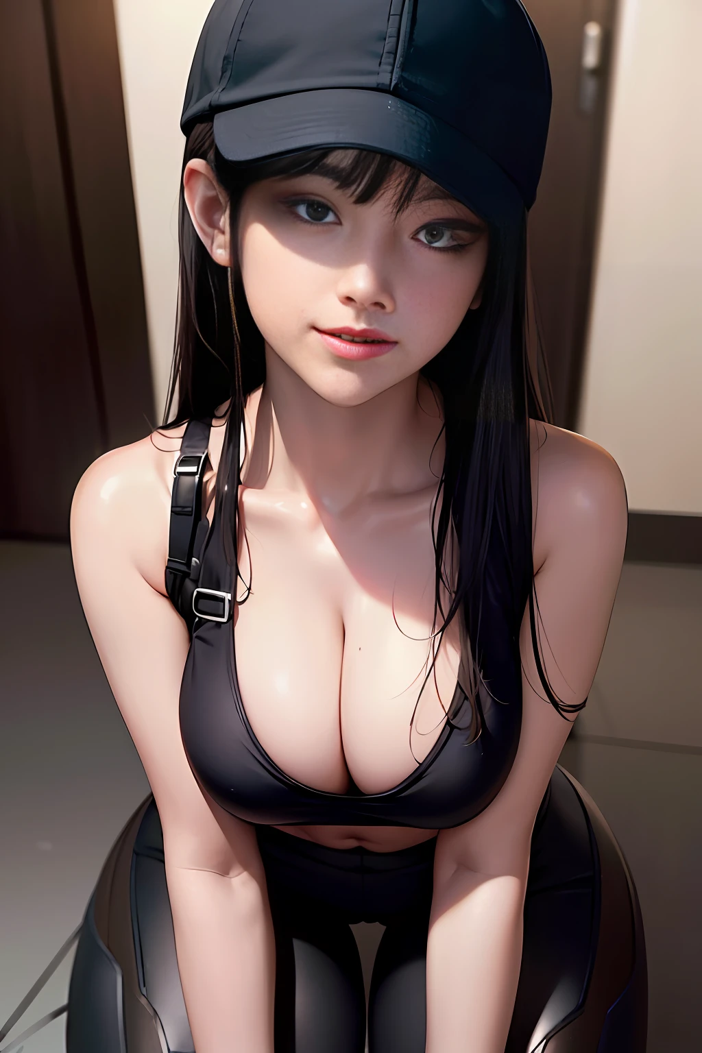 ((masterpiece)), (photorealistic:1.2) masterpiece, best quality, high quality, absurdres, shiny skin, colorful, stunning art, best quality, hyper detailed, beautiful detailed, reflective hair, good lighting, ray tracing, depth of field, ultra-detailed, illustration, Amazing, fine detail, extremely detailed, ((ultra-detailed)), (beautiful detailed girl), beautiful detailed glow, intricate detail, highres, an extremely delicate and beautiful, beautiful detailed eyes, hdr, rounded eyes, detailed facial features, (rounded pupils:1.4) (illustration), (beautiful detailed eyes), ((very detailed face)), depth of field, saori \(blue archive\), long hair, black hair, halo, baseball cap, open clothes, off shoulder, coat, crop top, chest harness, snap-fit buckle, black pants, thigh holster, gloves, chest harness, thigh holser, snap-fit buckle, blue eyes, smiling, beautiful girl, 20 years old