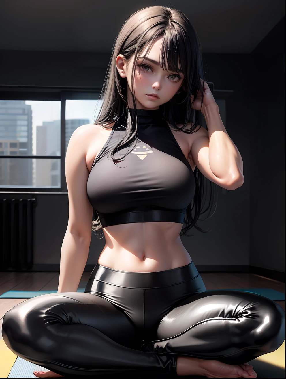 Superior Quality, Masterpiece, Ultra High Resolution, (Photorealistic: 1.4), girl, yoga clothes, dark tight pants, dark tight top, black hair, tied hair, yellow eyes, in the room, yoga mat