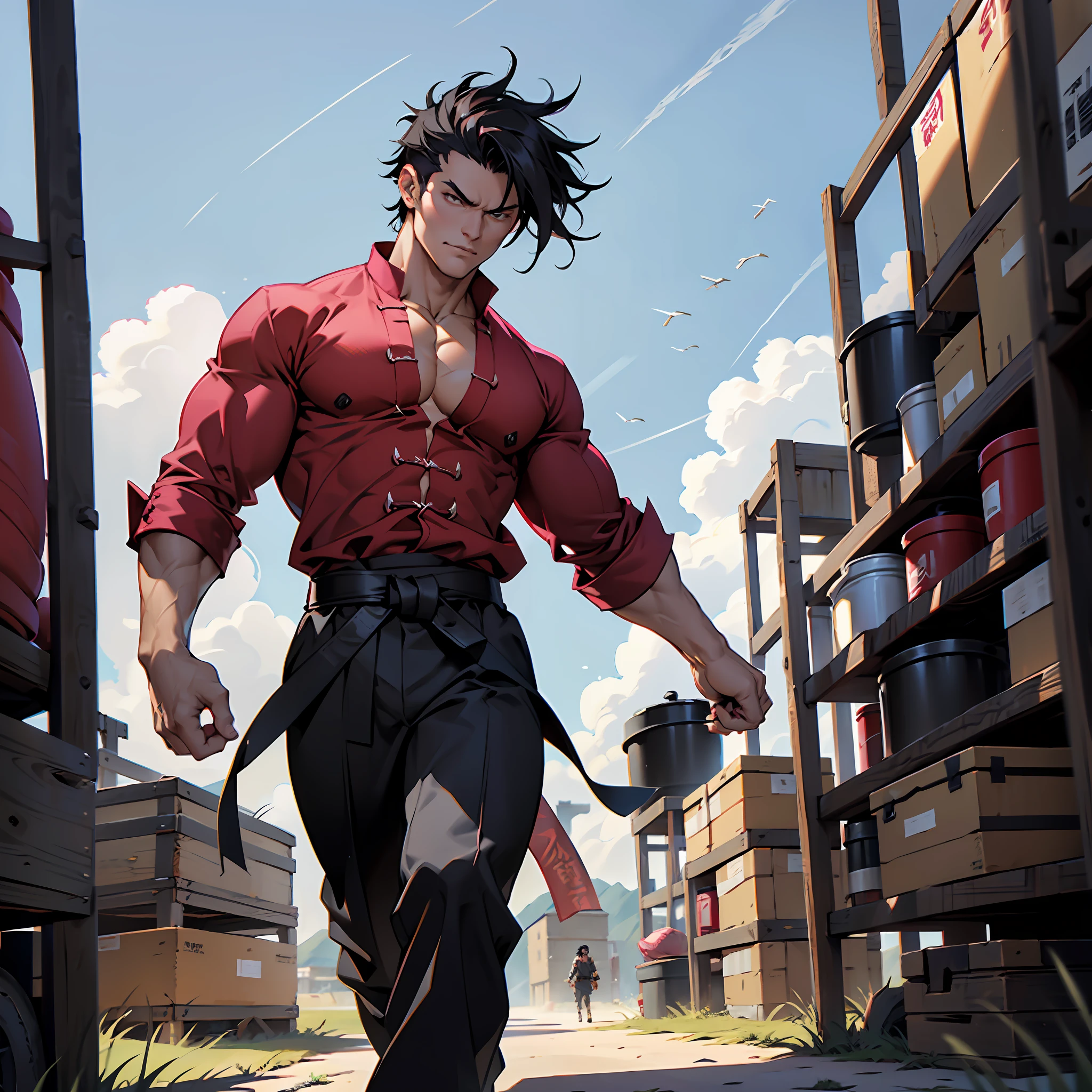 Muscular man, defined body, developed body, kung fu fighter, red blouse with buttons, long black pants of black color, black belt at the waist, spiky hair, short black colored hair (hair with pink locks at the ends), fighter's shoes, serious look, coming out of the hay bale warehouse, medieval kingdom setting, alone, walking on his back.