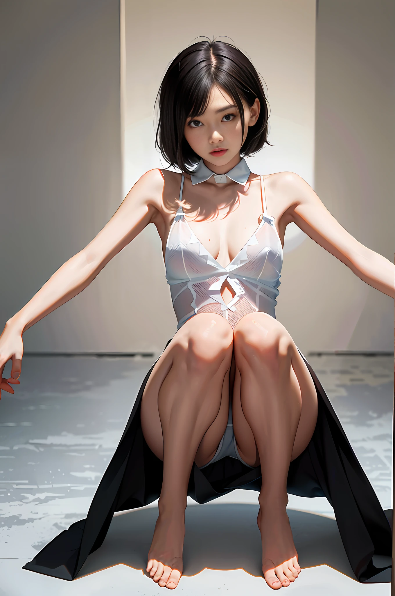 Masterpiece, best quality, (dark photo: 1.3), photorealistic, 1girl, small pointed breasts, stunning innocent symmetrical face, white sleeveless collared shirt dress of transparent soft ultra-thin fabric, no breastplate, no underwear, sitting and legs wide spread pose, hands falling apart outside the body, correct anatomy, random hairstyle short hair, emotional, orchan , (PureErosFace_V1:0.7), ultra-high-definition face, detailed eyes, two hands, two legs, whole body