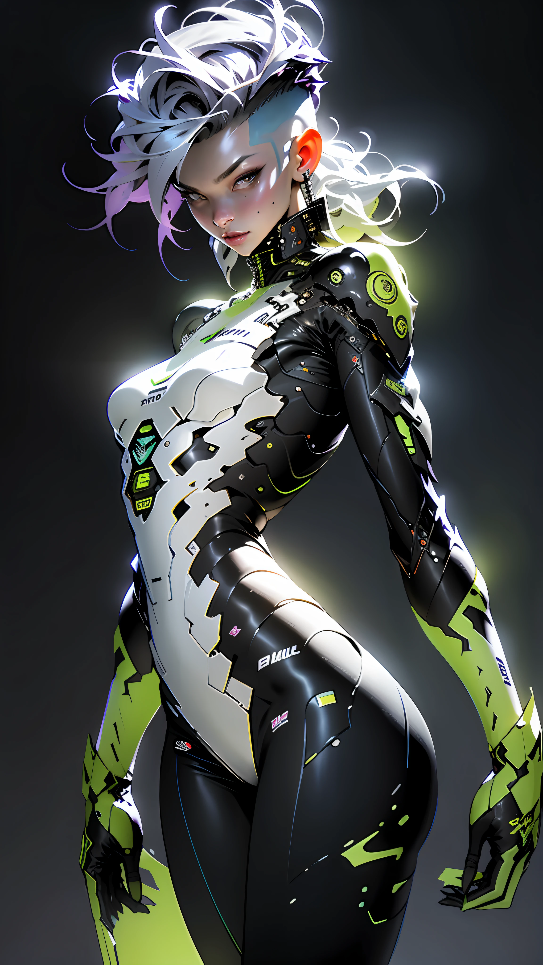 ((Best Quality)), ((Masterpiece)), (Detailed: 1.4), (Masterpiece, Best Quality: 1.2), Realistic, 50mm Portrait, Absurd, Flower, Brightness, High Contrast, Depth of Field, Dynamic Lighting, Night, Darkness, Neon, 1girl, Solo, Beautiful, Slender, Medium Breasts, Delicate Facial Features, Hip-Hop, White Mohawk Hair, Futuristic Sweatshirt, Long Wide Pants, Appearing Panties Strap, Splash Paint, Graffiti on the Wall, Pastel, Blacklight, HDR (High Dynamic Range), Ray Tracing,NVIDIA RTX,Super-Resolution,Unreal 5,Subsurface Dispersion, PBR Texture, Post-processing, Anisotropic Filtering, Depth of Field, Maximum Clarity and Sharpness, Multilayer Textures, Albedo and Specular Maps, Surface Shading, Accurate Simulation of Light-Material Interaction, Perfect Proportions, Octane Render, Two-Tone Lighting, Wide Aperture, Low ISO, White Balance, Rule of Thirds, 8K RAW, Crysisnanosuit