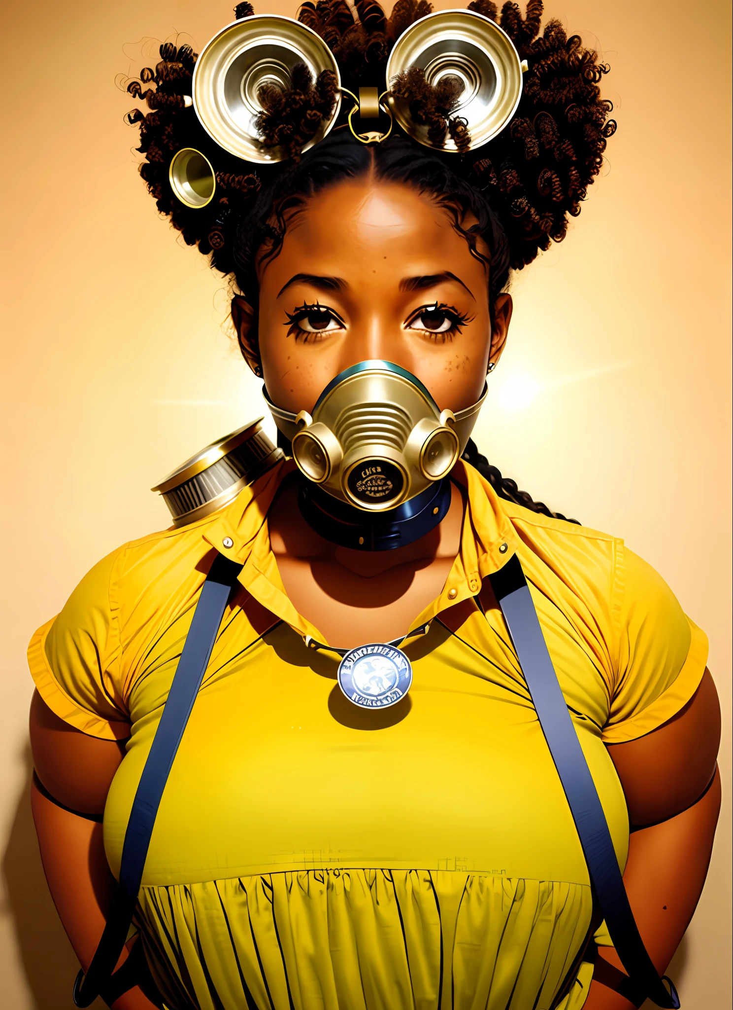 african goddess wearing a gas mask and a gas mask on his head, walter white from breaking bad cosplay, Afro-textured hair, sparkling eyes, dark skin, extreme long curly messed hair, cute jiggly fat round belly voluptuous body, heterochromia eyes, really curly hair, dark skin, round belly voluptuous body, choker