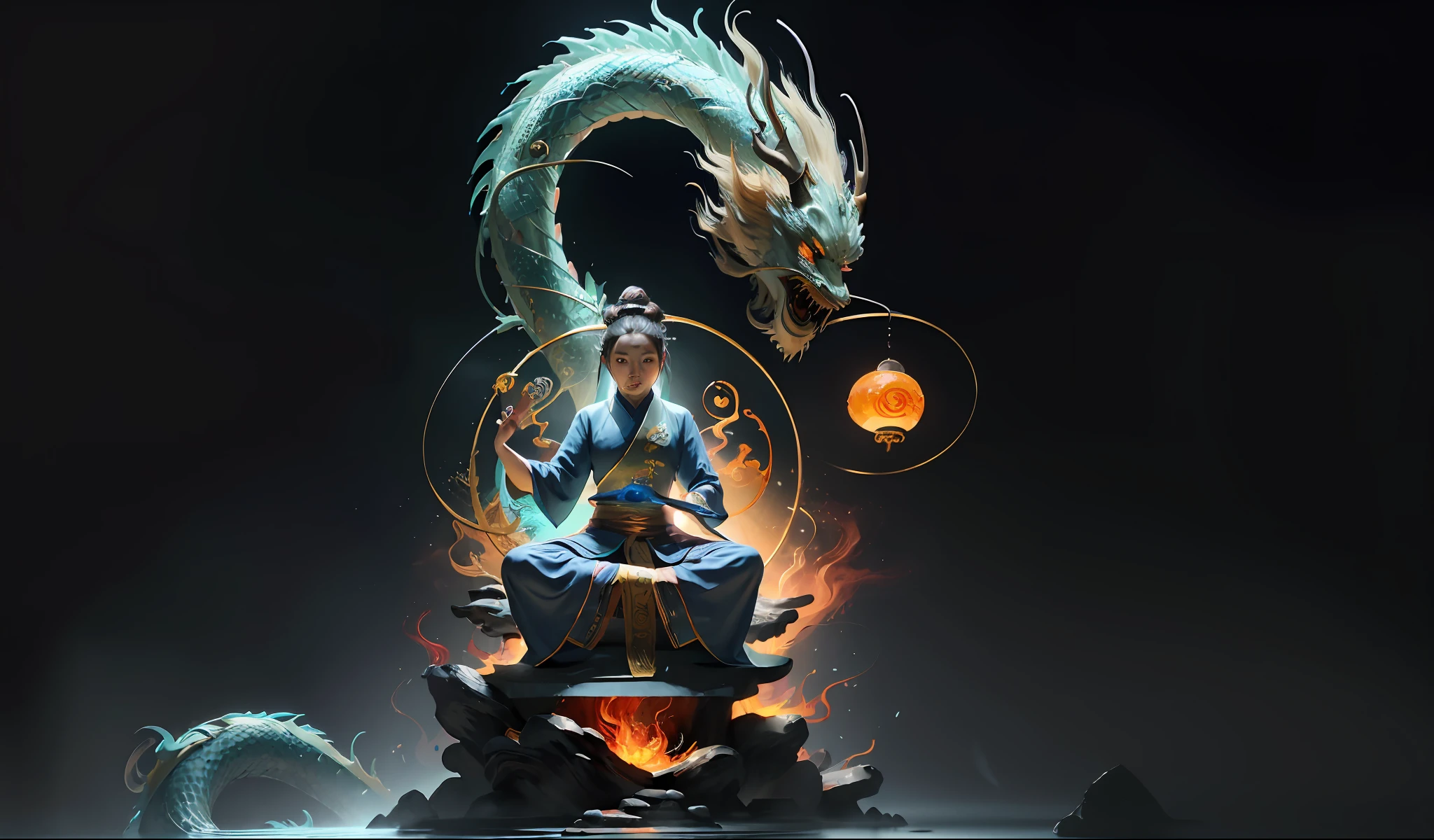 (harmony, balance, yin and yang), Chinese silk painting, Tai Chi principles, fluid movement, interrelated elements, interplay of contrasting forces, Taoist philosophy, touches of the I Ching, warm and cool tones, art of reflection, inspiration by Laozi, Zhuangzi, Yin-Yang Diagram, Tai Chi Diagram, Bagua Diagram, Unity of Spirit and Body, 1girl, ultra realistic face, highly detailed eyes, Solo, Taoism, Summoning Magic, Movie Lighting, Fire and Ice Split, Bagua Background, Circle Bagua, Yiyang, Taoist Practice, Meditation Sitting, Buddha Sitting, Spiral Dragon, Top Cloud Dragon,