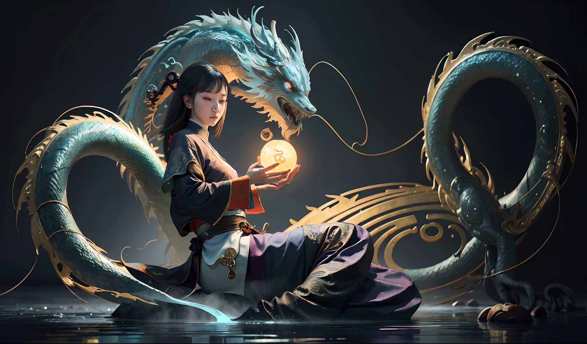 (harmony, balance, yin and yang), Chinese silk painting, Tai Chi principles, fluid movement, interrelated elements, interplay of contrasting forces, Taoist philosophy, touches of the I Ching, warm and cool tones, art of reflection, inspiration by Laozi, Zhuangzi, Yin-Yang Diagram, Tai Chi Diagram, Bagua Diagram, Unity of Spirit and Body, 1girl, ultra realistic face, highly detailed eyes, Solo, Taoism, Summoning Magic, Movie Lighting, Fire and Ice Split, Bagua Background, Circle Bagua, Yiyang, Taoist Practice, Meditation Sitting, Buddha Sitting, Spiral Dragon, Top Cloud Dragon,