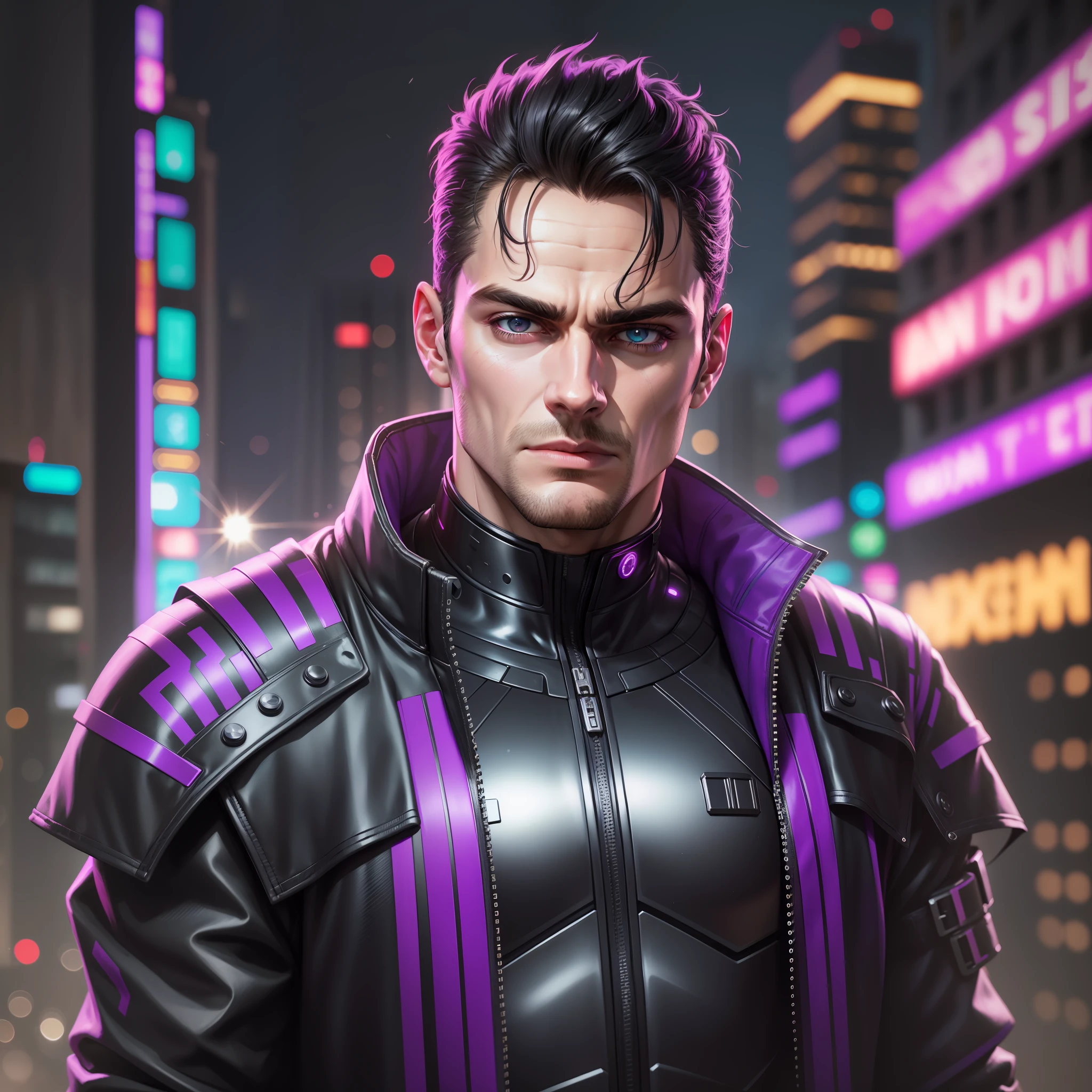 "(black and purple cyberpunk jacket:1) dark theme :: focus on closeup face, face face Henry Cavill, ultra realistic futuristic cyberpunk muscular bald male in front of futuristic buildings :: cool cybernetic punk jacket neon red eyes :: with metallic black shirt :: natural lighting :: bokeh :: 8k :: best quality :: masterpiece :: insanely detailed:1.5"