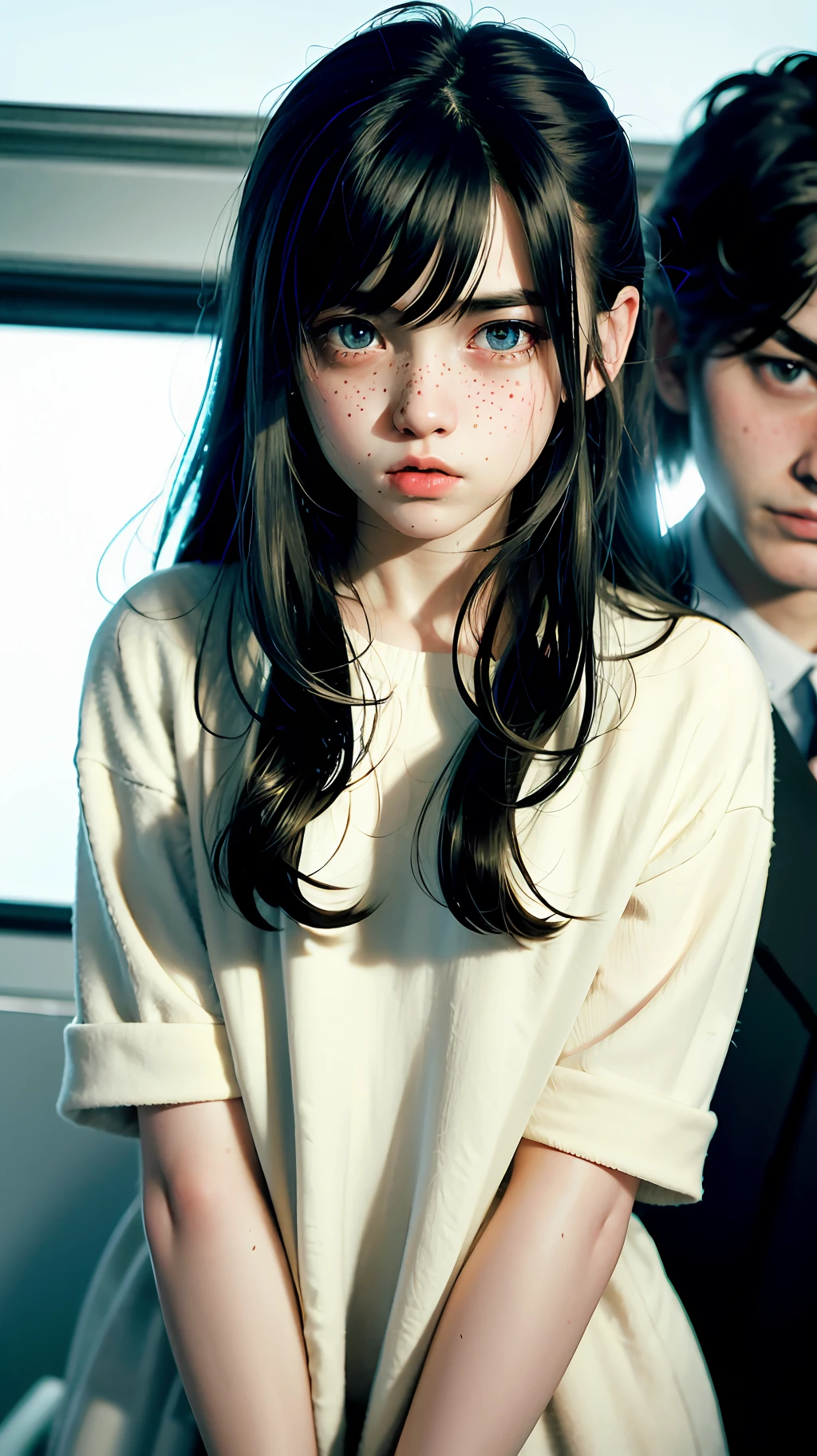 RAW photo, dynamic angle, highly detailed, soft light, 1girl, ((sweaty):1.1), pale skin, korean, , innocent, sexy, mad, long hair, bright blue eyes, freckles, head tilted, black coats, on train at night, 8k, masterpiece