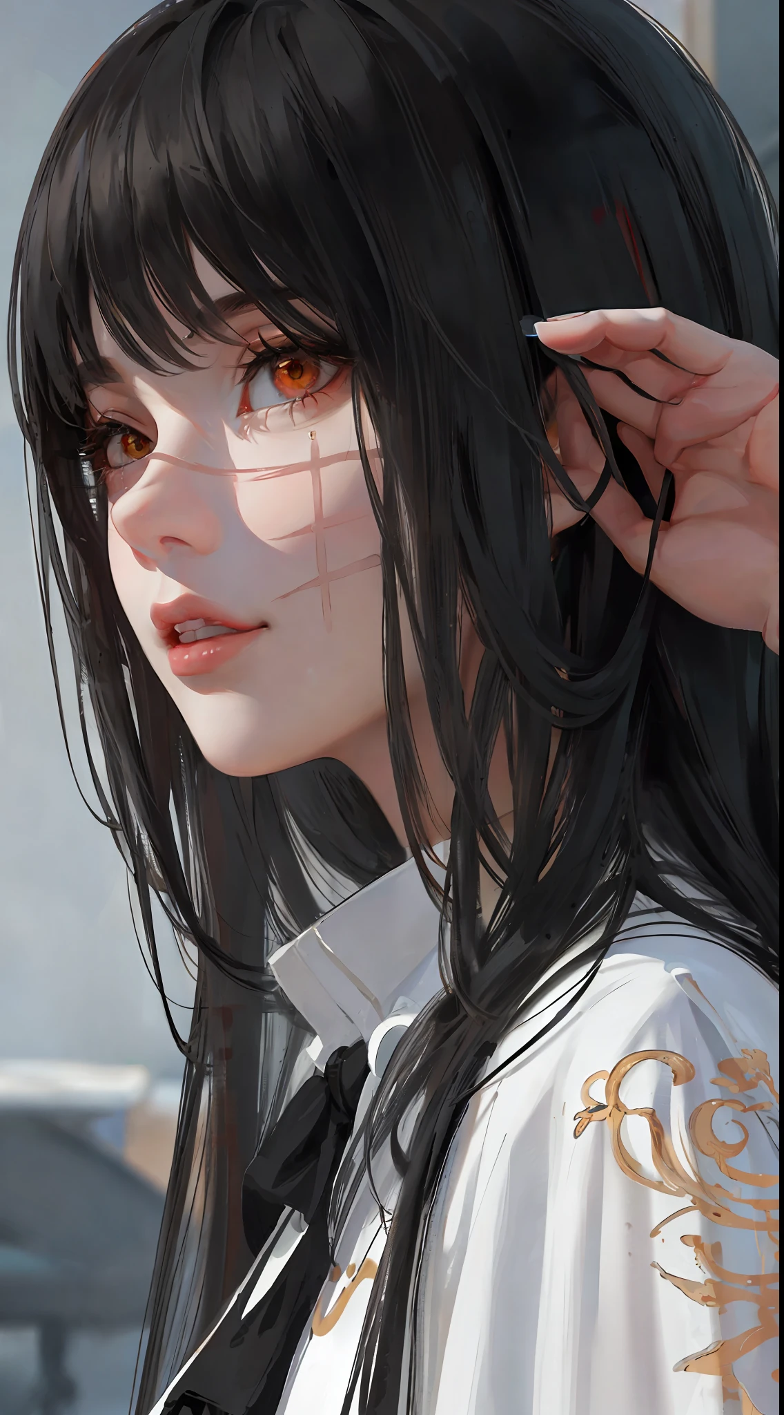 photorealistic, lip gloss, painting, realistic, best quality, ultra high resolution, depth, pastel color, natural shading, focus on the face, just the face, looking at the viewer, long hair, black hair, brown and well-detailed eyes, black clothing