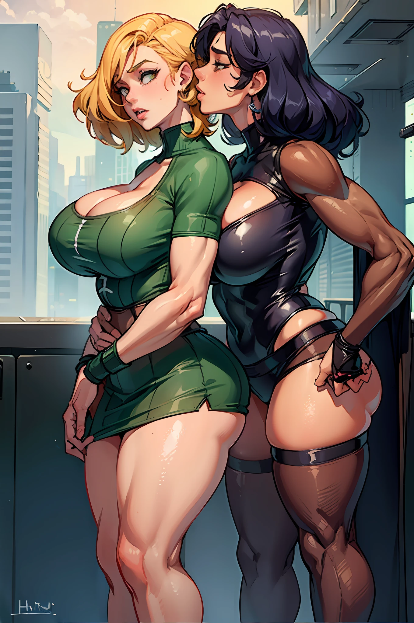 (((2girls)))), two women in love, huge breasts, thick thighs, muscular legs, mini skirt, detailed face, lesbians, two women in love