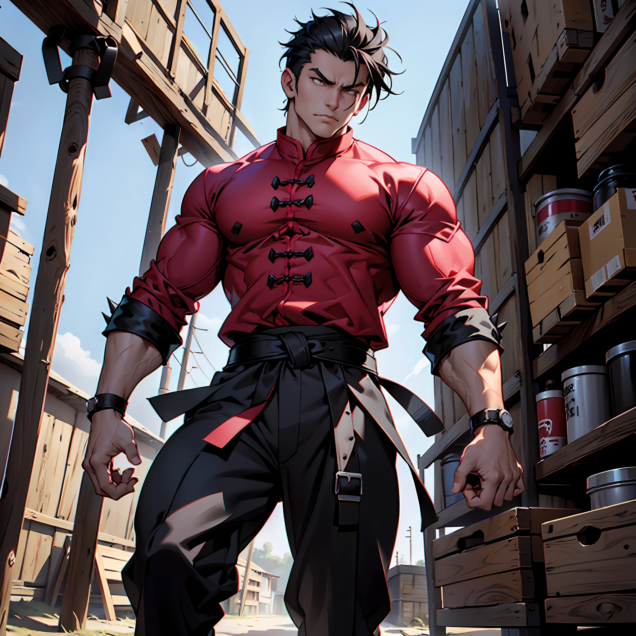 Muscular man, defined body, developed body, kung fu fighter, red blouse with buttons, long black pants of black color, black belt at the waist, spiky hair, short black colored hair (hair with pink locks at the ends), fighter's shoes, serious look, coming out of the hay bale warehouse, medieval kingdom setting, alone, walking on his back.