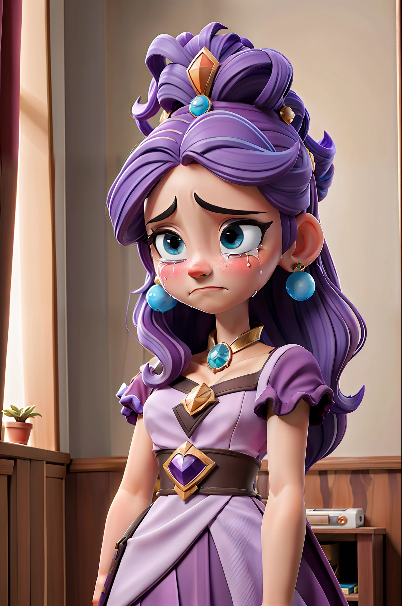 Masterpiece, best quality, princess, purple hair, crying in the room