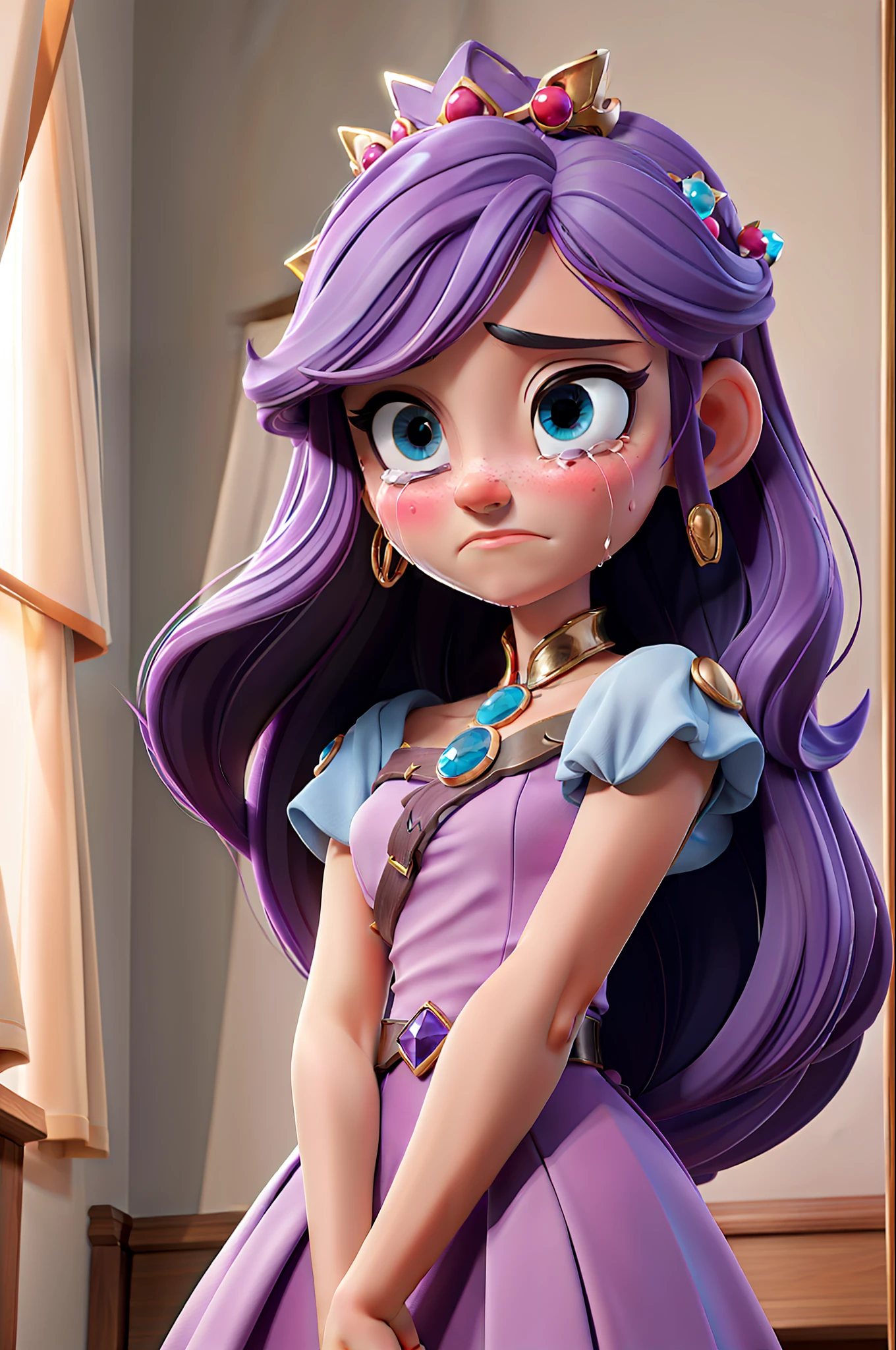 Masterpiece, best quality, princess, purple hair, crying in the room