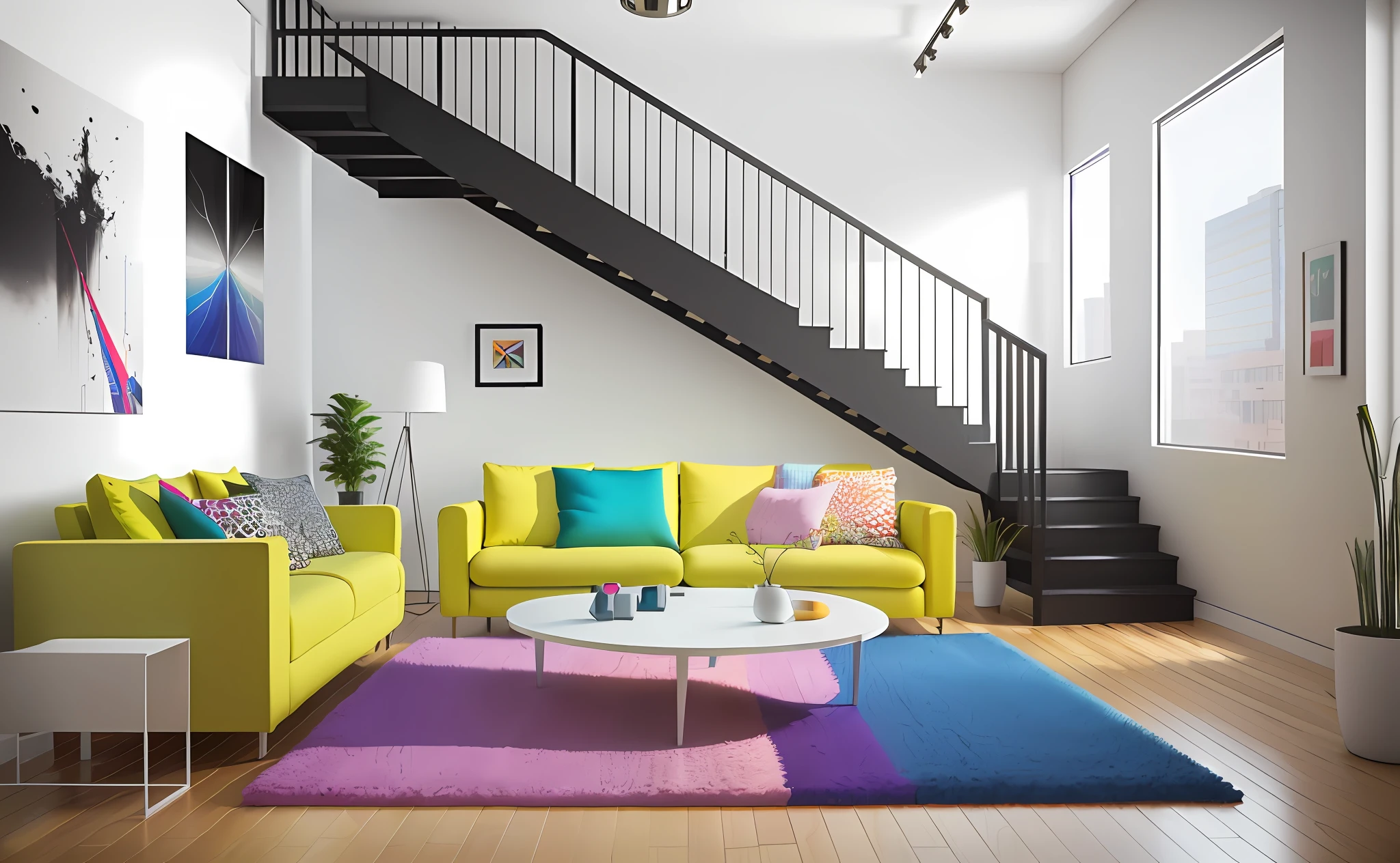 a brightly colored rug in a living room with a staircase, colorful modern, apartment design, vray rendered, modern living room, modern interior design, vray rendering, vray render, render vray, modernist interior, concept eclectic, vray renderer, interior design, inside a modern apartment, interior design living room, interior! design, render in vray