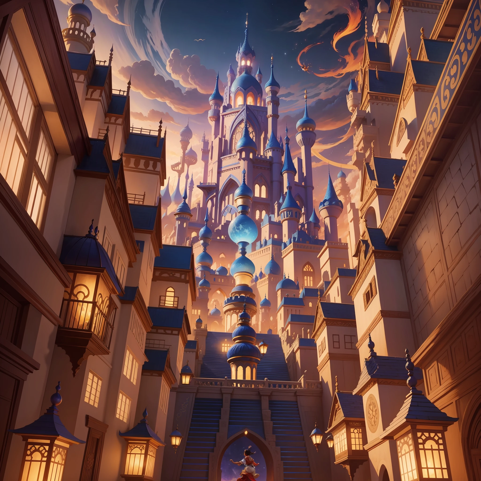 Aladdin Disney tale character, flying on the carpet over the city of a thousand and one wonders, beautiful enchanted scenery, excellent quality, rich in detail, hd --auto --s2
