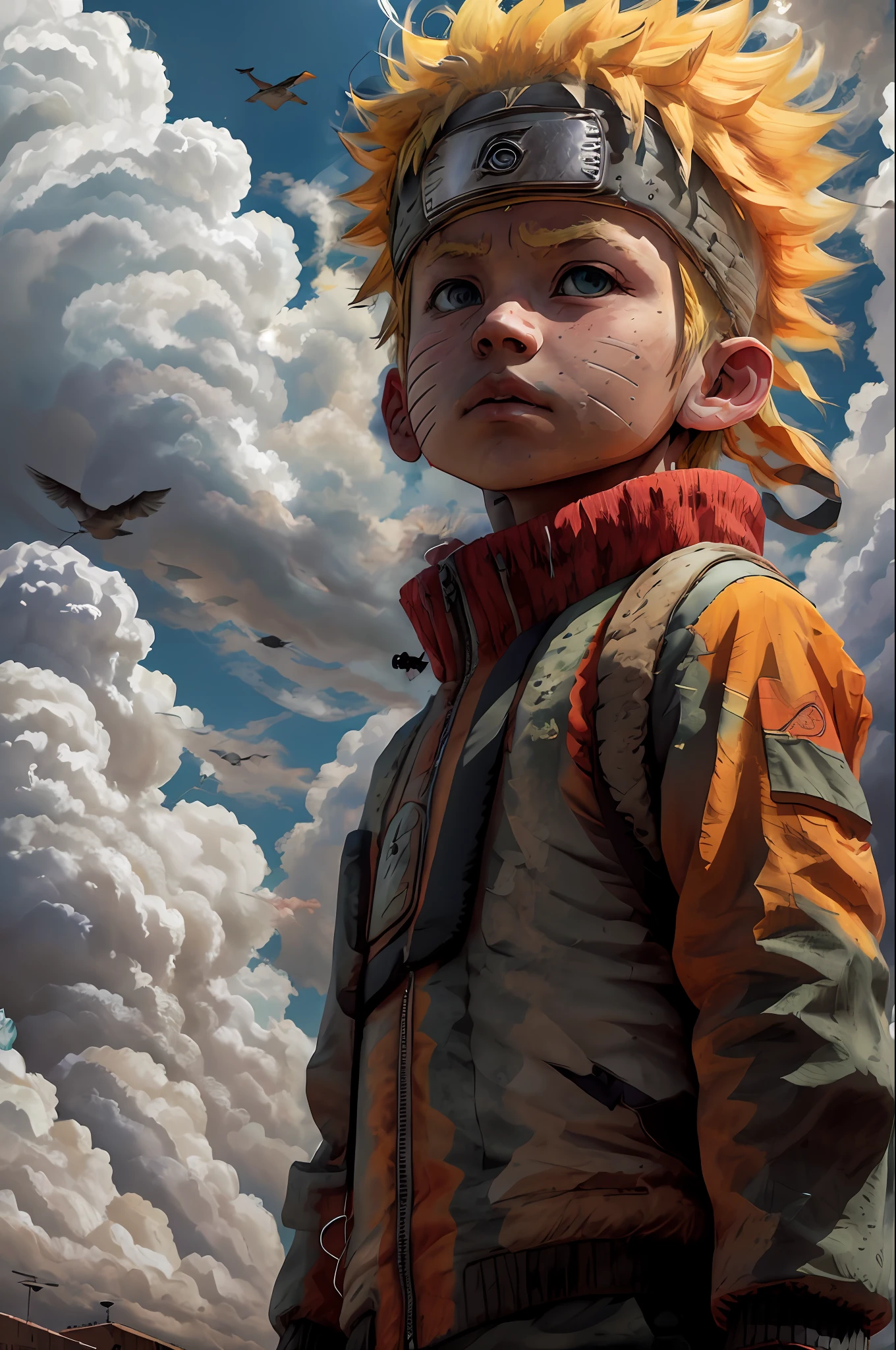 chibinaruto, 1boy, blonde hair, male focus, solo, sky, green eyes, cloud, day, whisker markings, bird, blue sky, male child, jacket, outdoors, upper body, cloudy sky